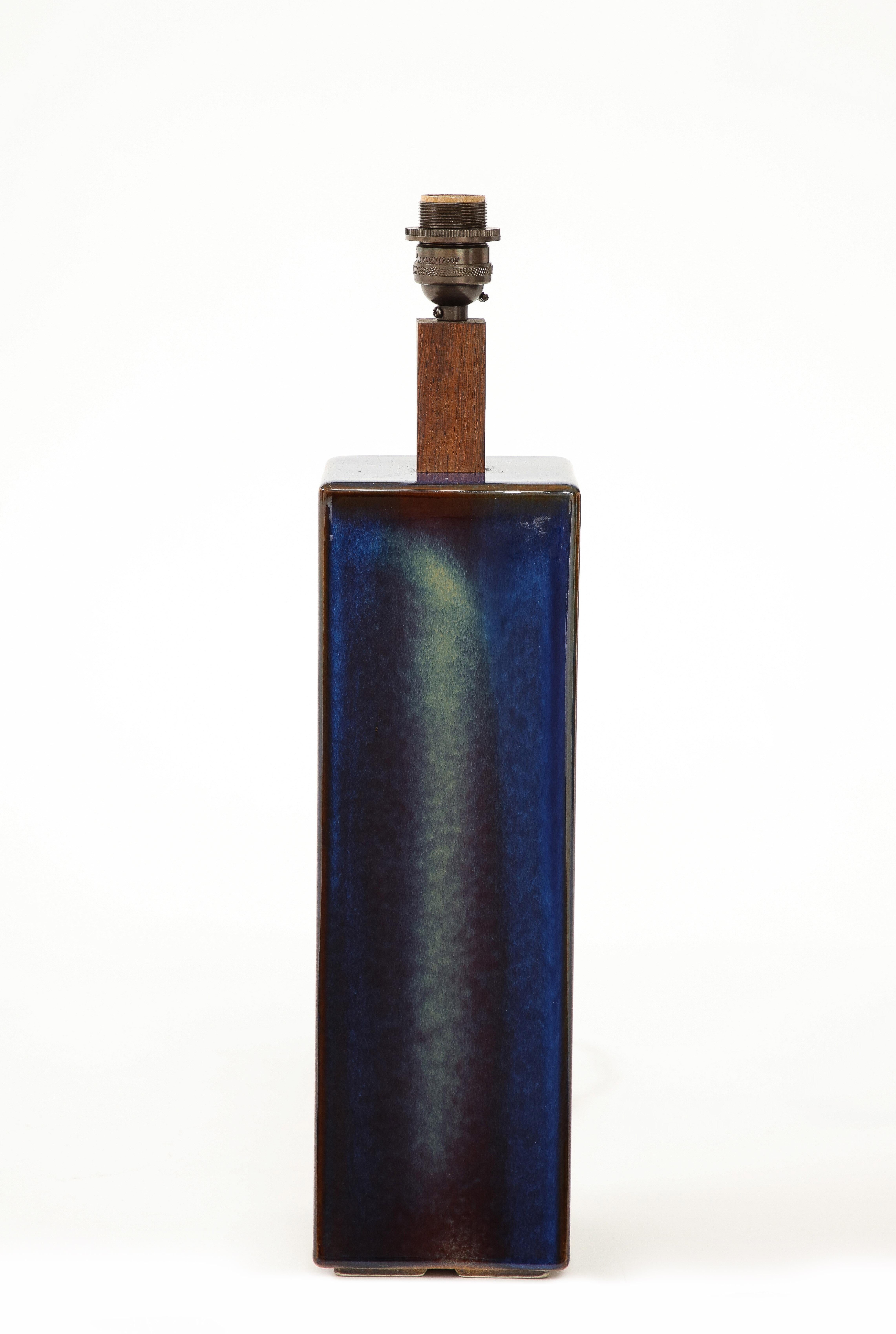 Ceramic Danish Soholm Blue Lamp with Custom Shade, c. 1960