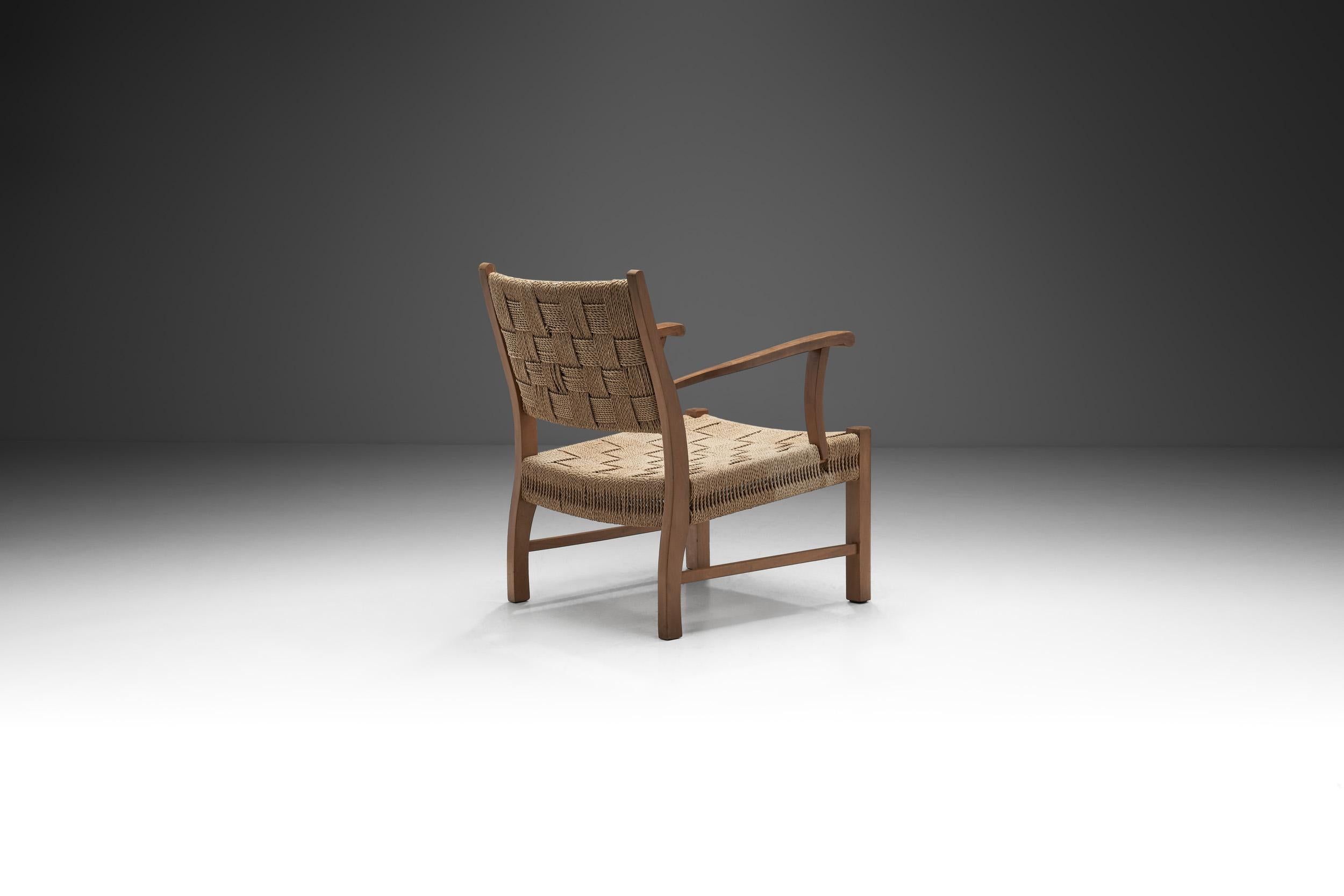 Scandinavian Modern Solid Beech Armchair with Woven Papercord Seat by Frits Schlegel, Denmark 1940s