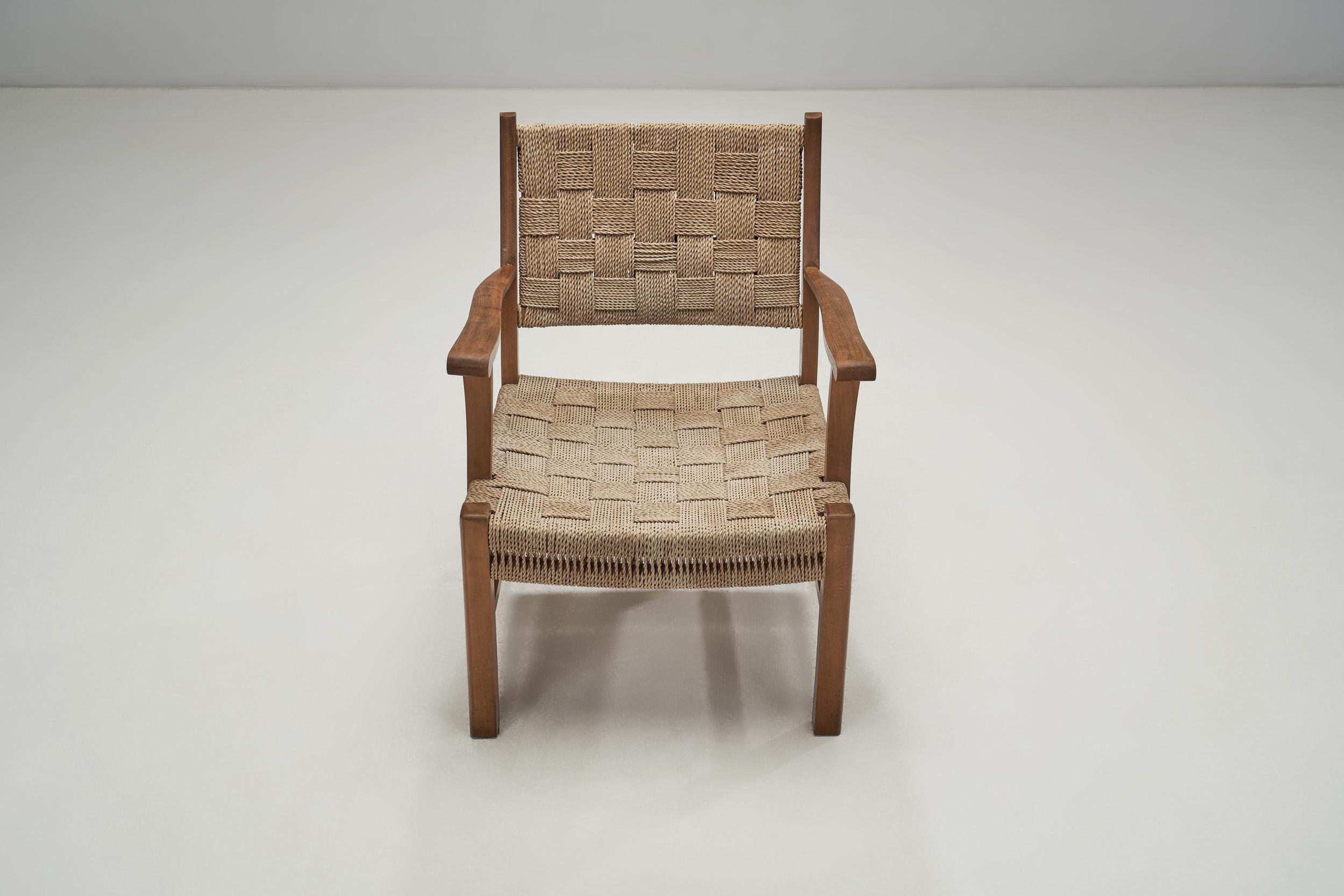 Mid-20th Century Solid Beech Armchair with Woven Papercord Seat by Frits Schlegel, Denmark 1940s