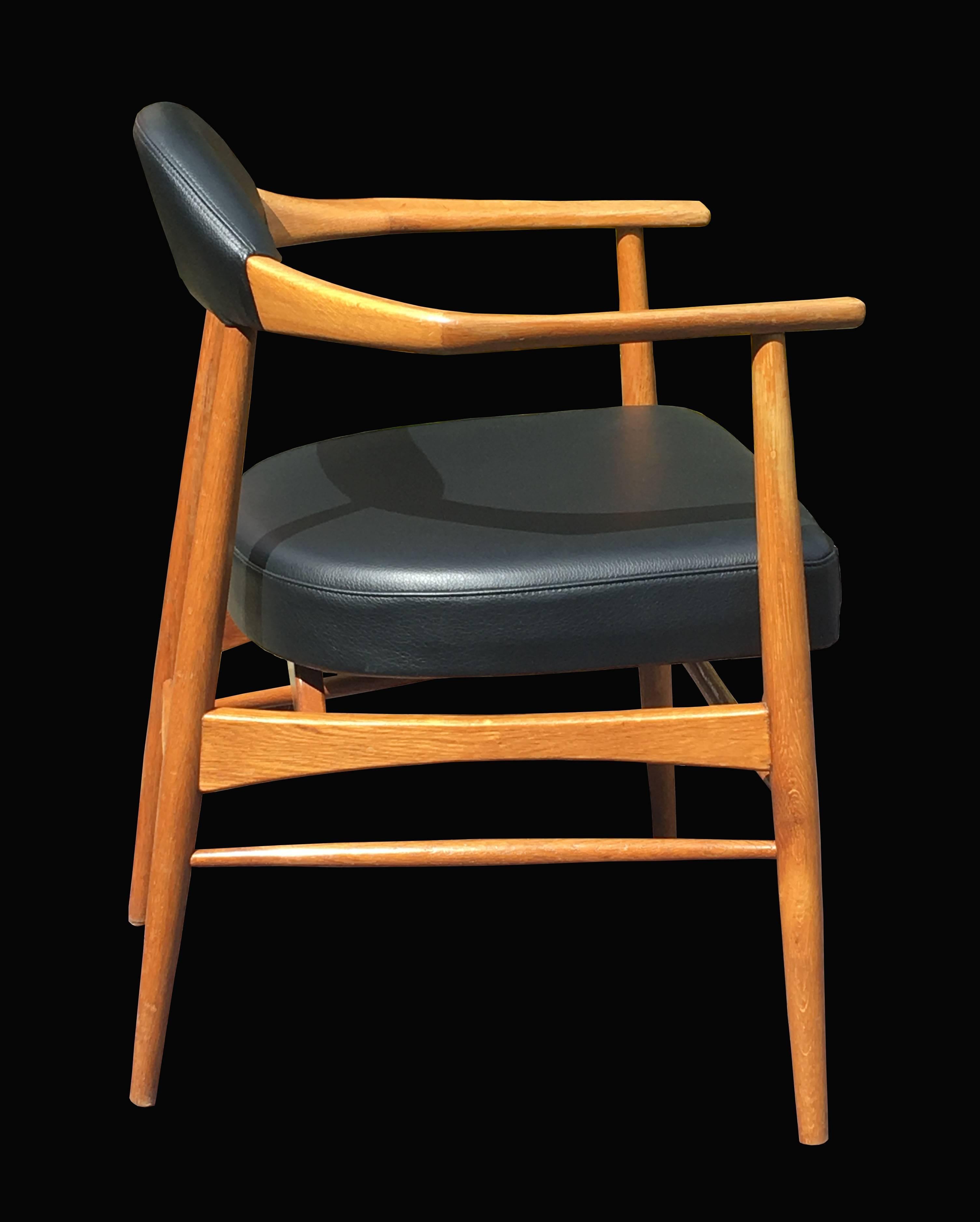 Mid-Century Modern Danish Solid Oak and Black Leather Desk Chair in the Manner of Erik Kirkegaard