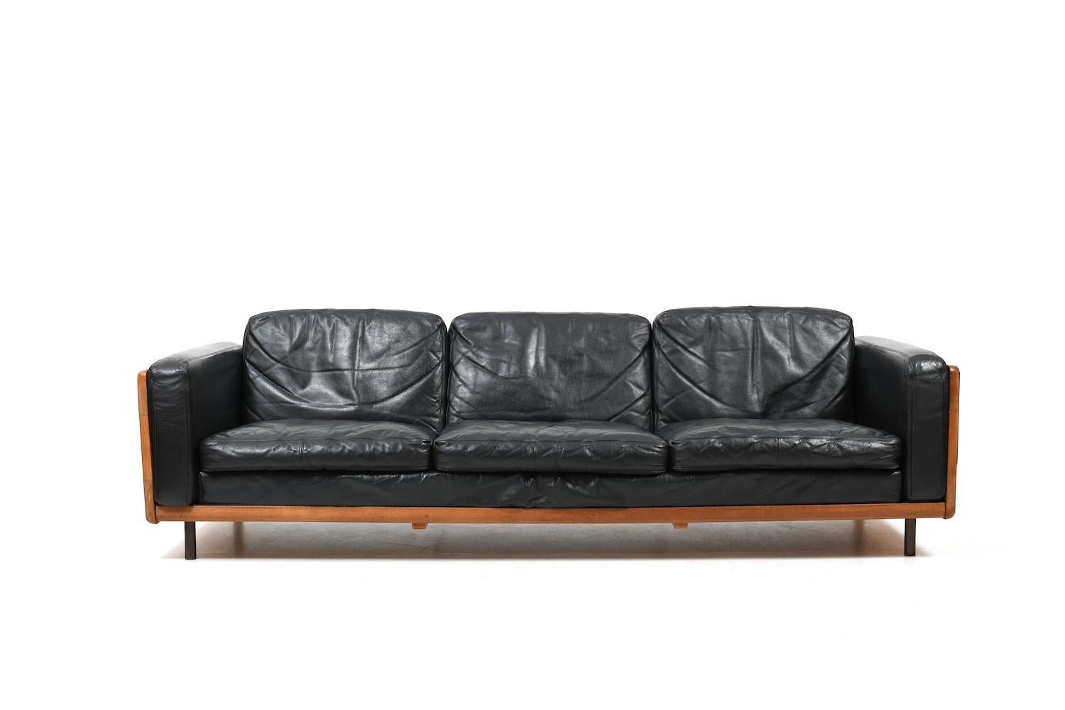 Scandinavian Modern Danish solid Oak, Leather and Brass Sofa 1960s