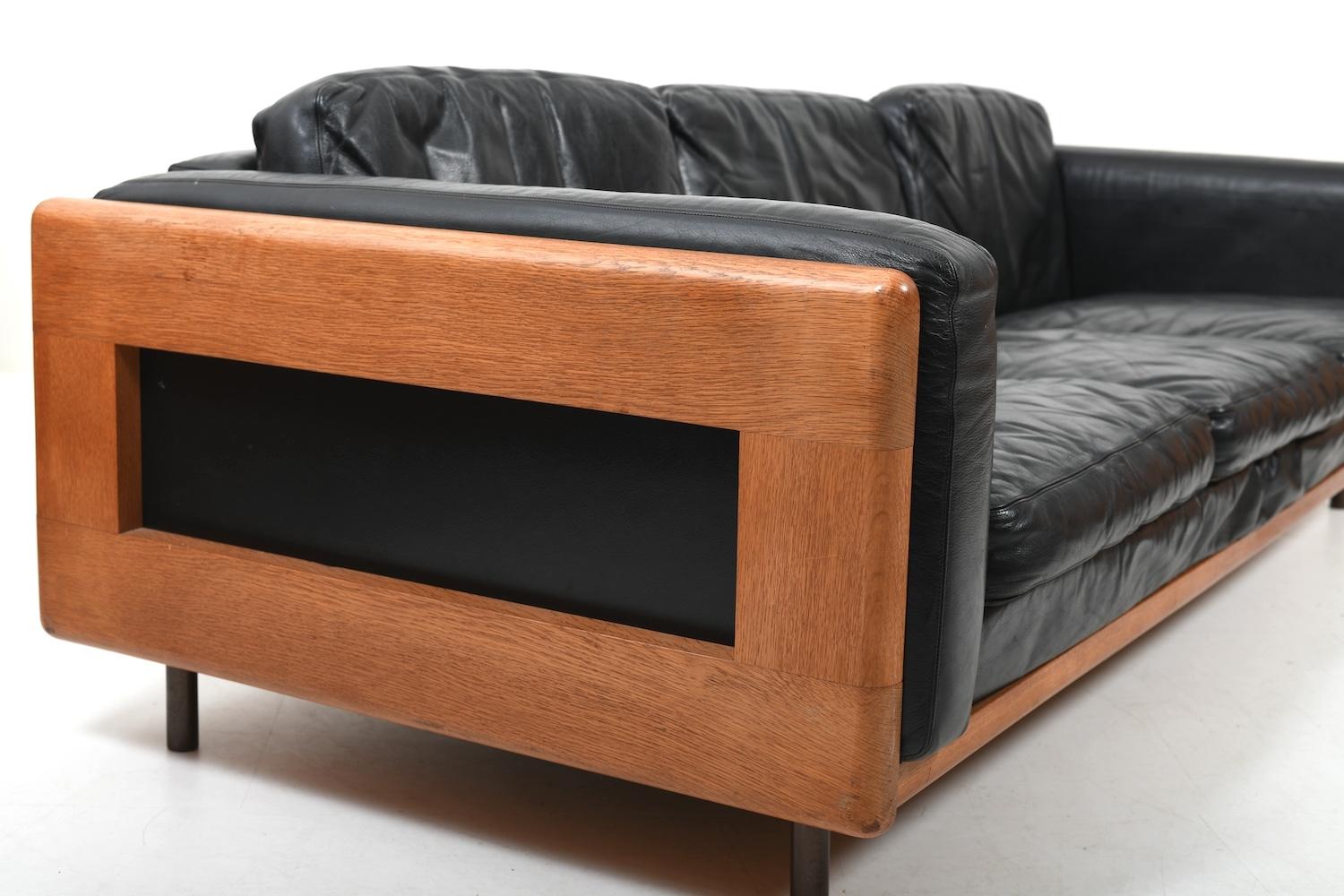 Danish solid Oak, Leather and Brass Sofa 1960s 1