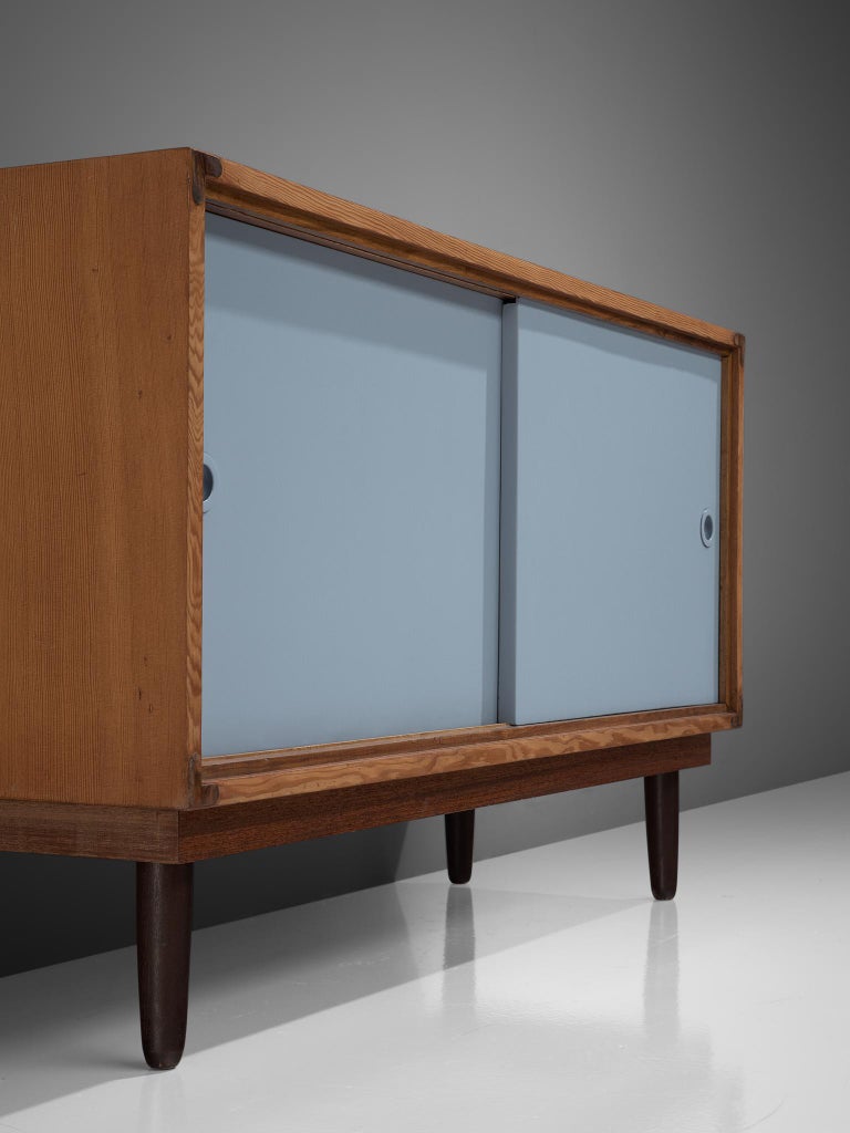 Mid-20th Century Danish Solid Pine Cabinets with Light Blue Sliding Doors  For Sale