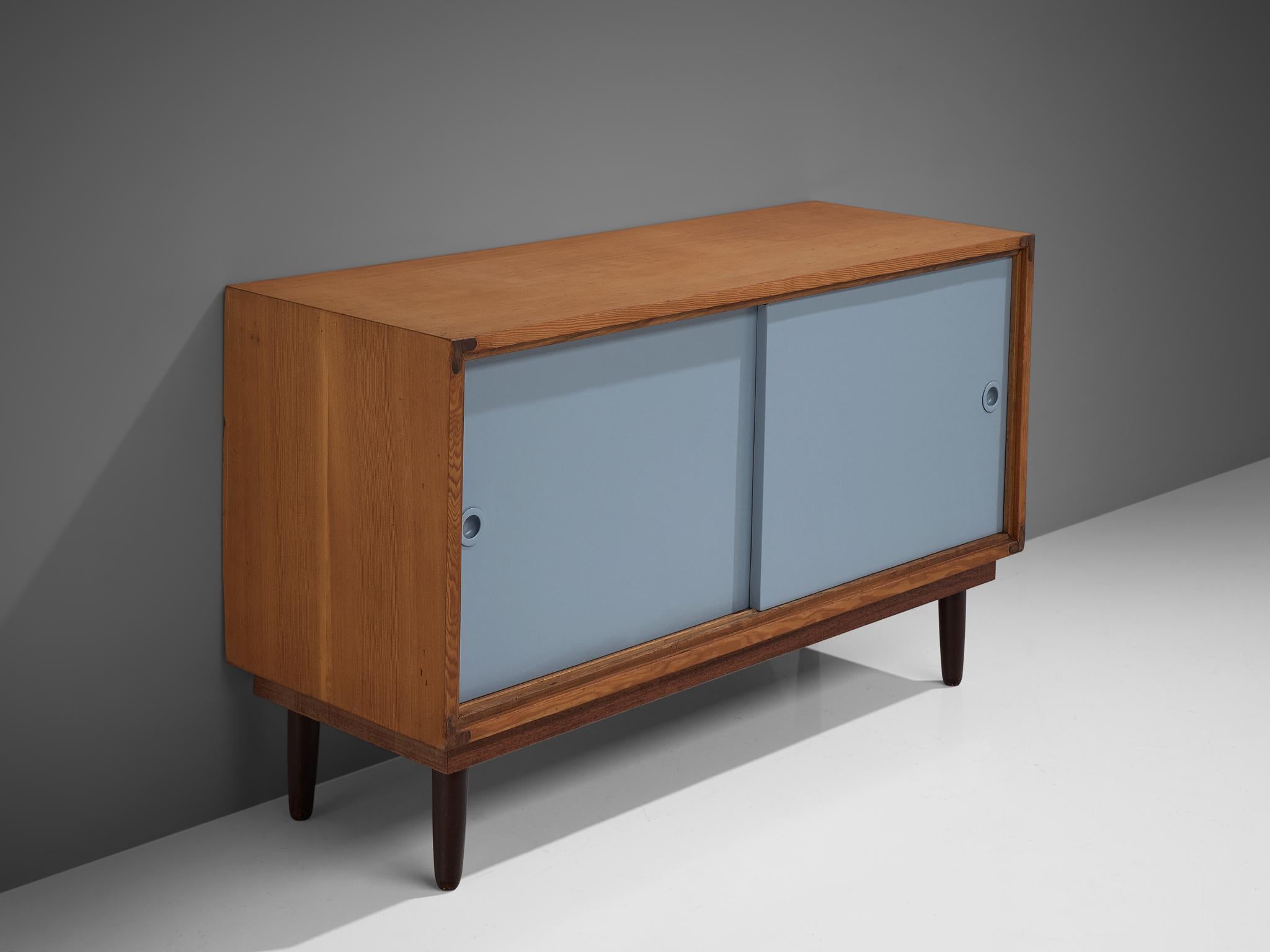Mid-20th Century Danish Solid Pine Cabinets with Light Blue Sliding Doors 