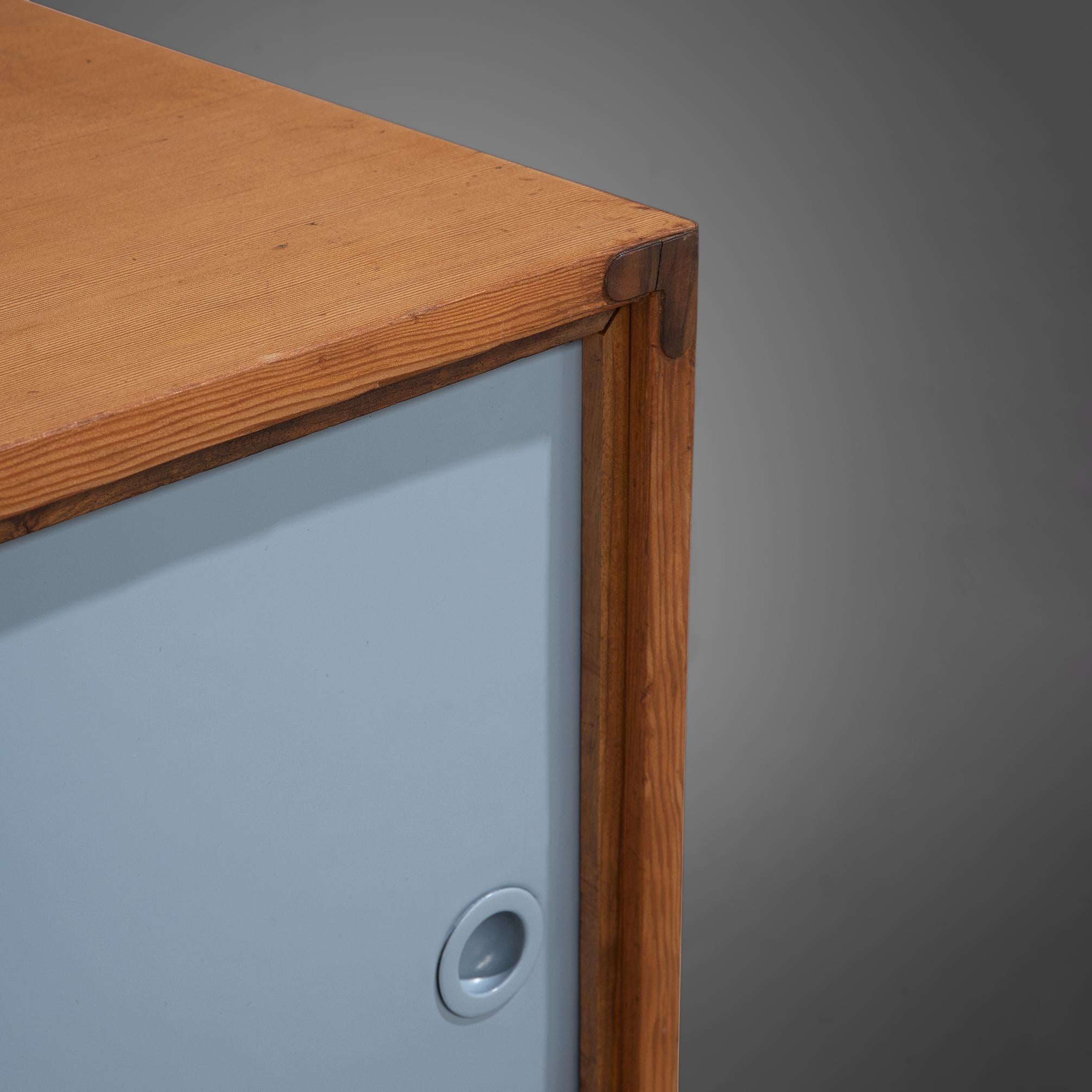 Danish Solid Pine Cabinet with Light Blue Sliding Doors  1