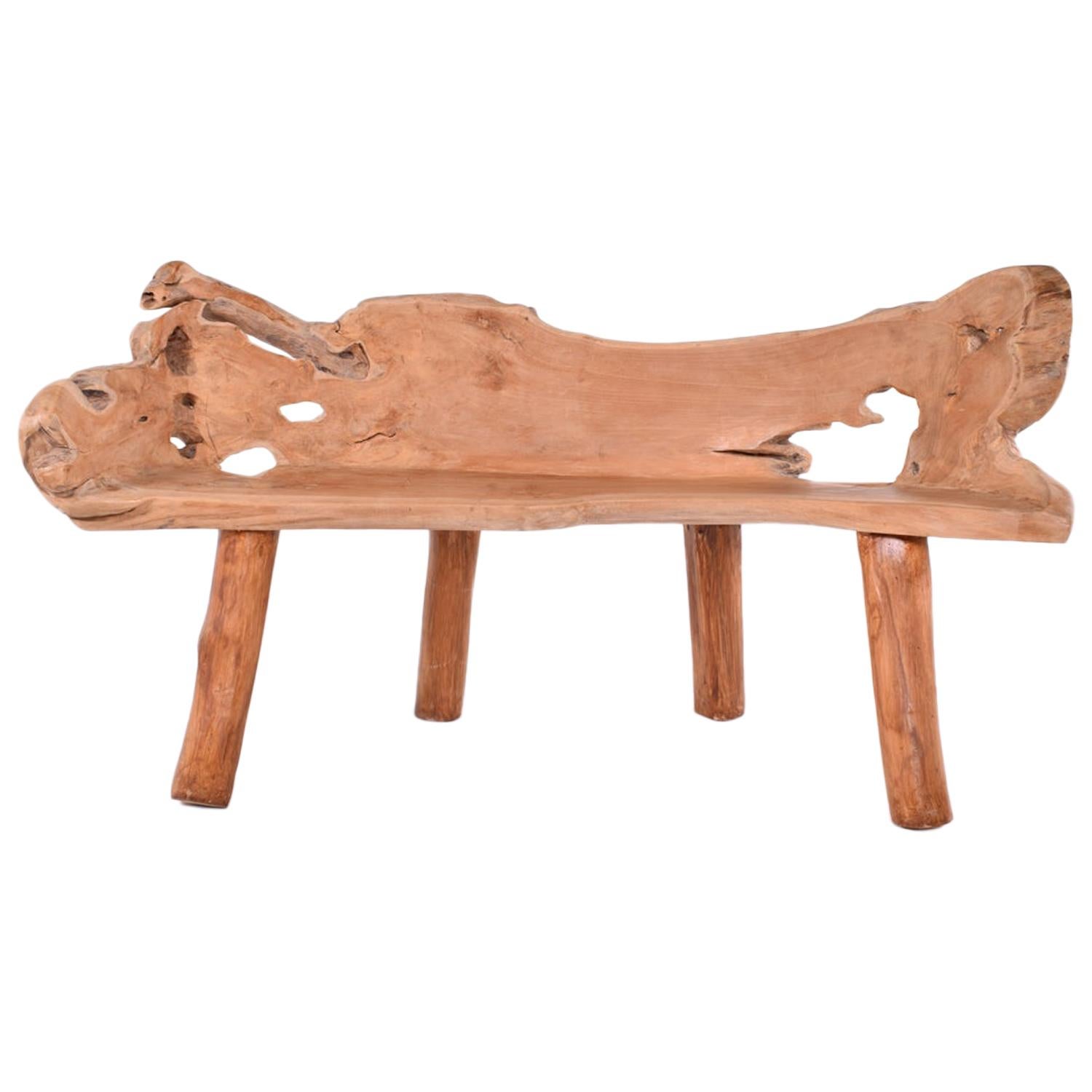 Danish Solid Polished Teak Root Bench, 1980s For Sale