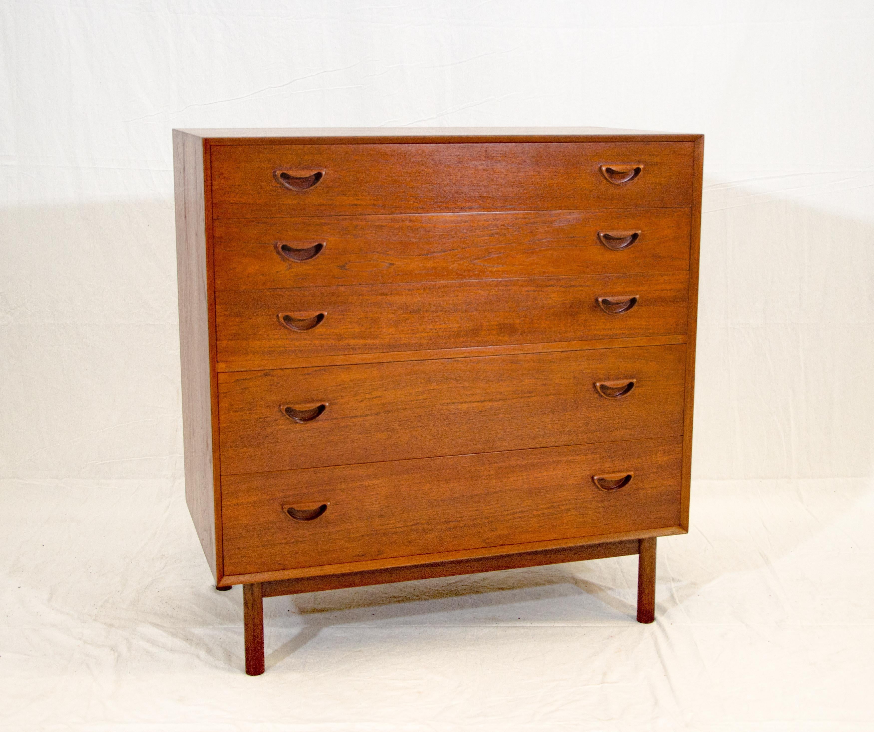 Iconic Danish solid teak chest of drawers with box joinery. Designed by Peter Hvidt & Olga Mølgaard-Nielsen for John Stuart. The top three drawers have an interior depth of 4