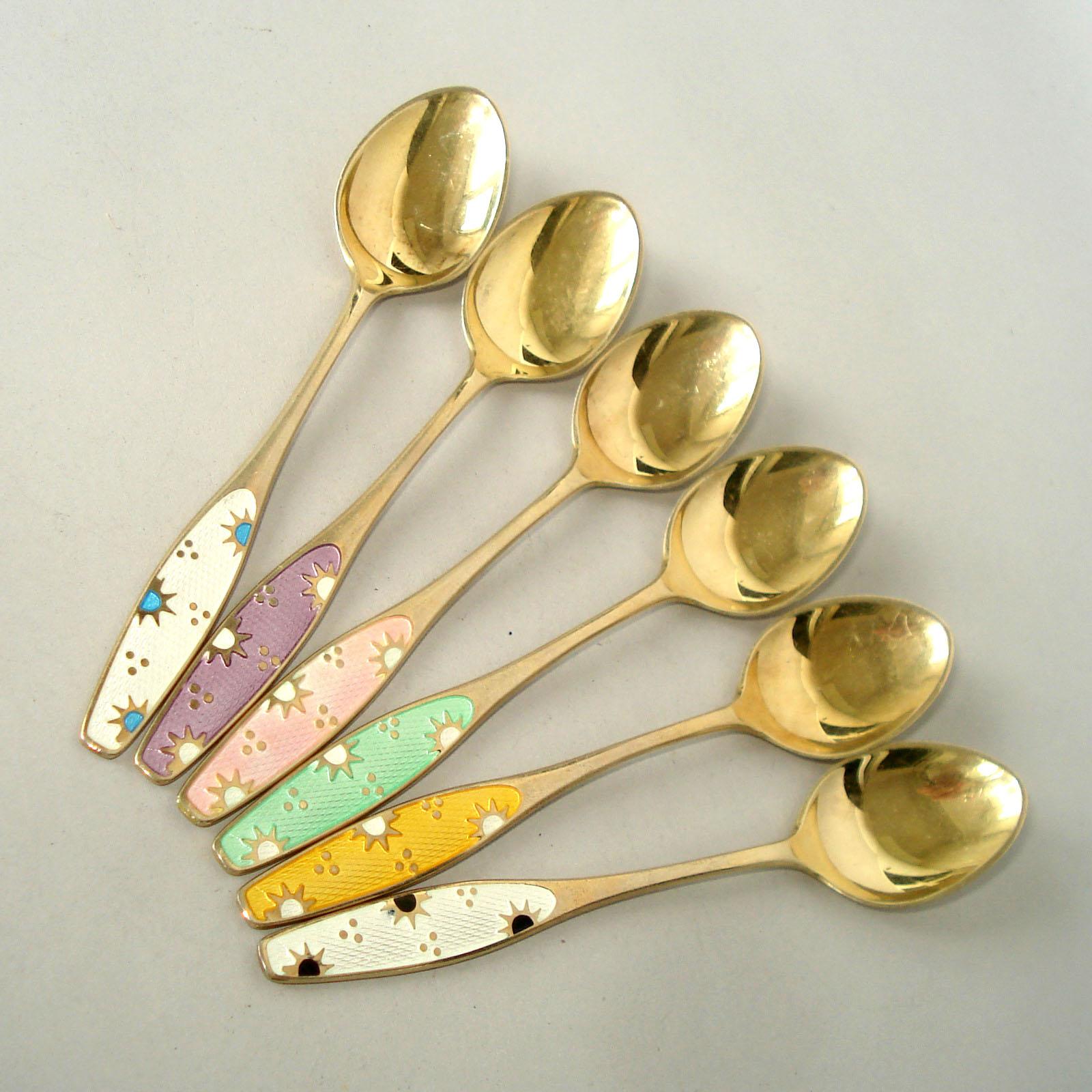 Set of six Danish spoons, sterling silver with polychrome enamel, circa 1930. Hallmarked 