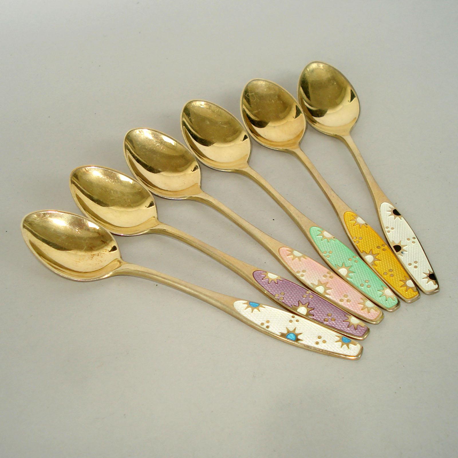 Art Deco Danish Spoons, Gilt Sterling Silver, Polychrome Enamel, Set of Six, circa 1930 For Sale