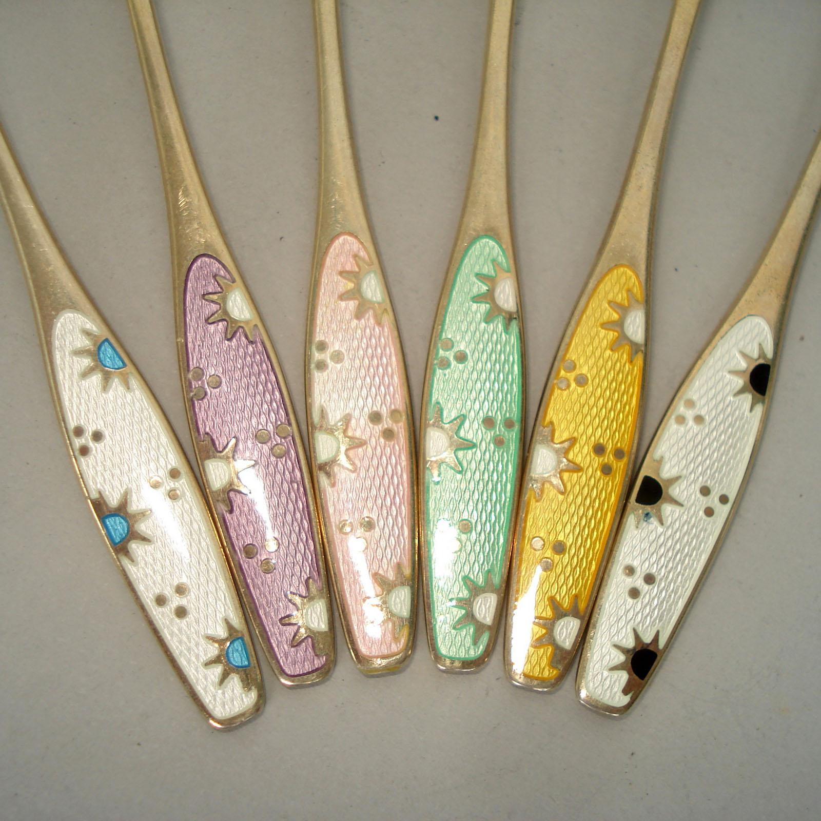 Danish Spoons, Gilt Sterling Silver, Polychrome Enamel, Set of Six, circa 1930 For Sale 3
