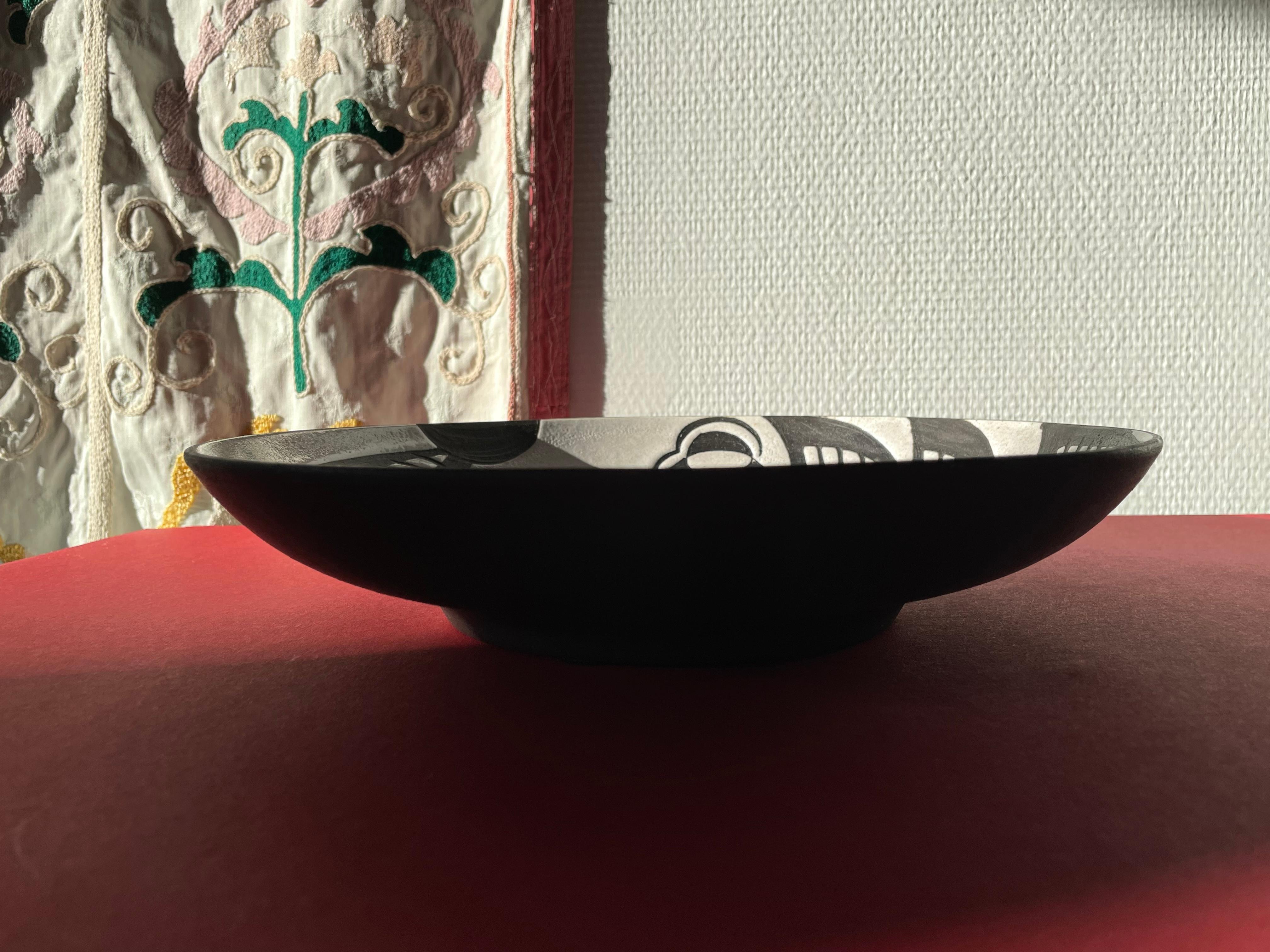 20th Century Danish Starck Tribal Large Ceramic Hand-carved Black and White Plate, 1950s