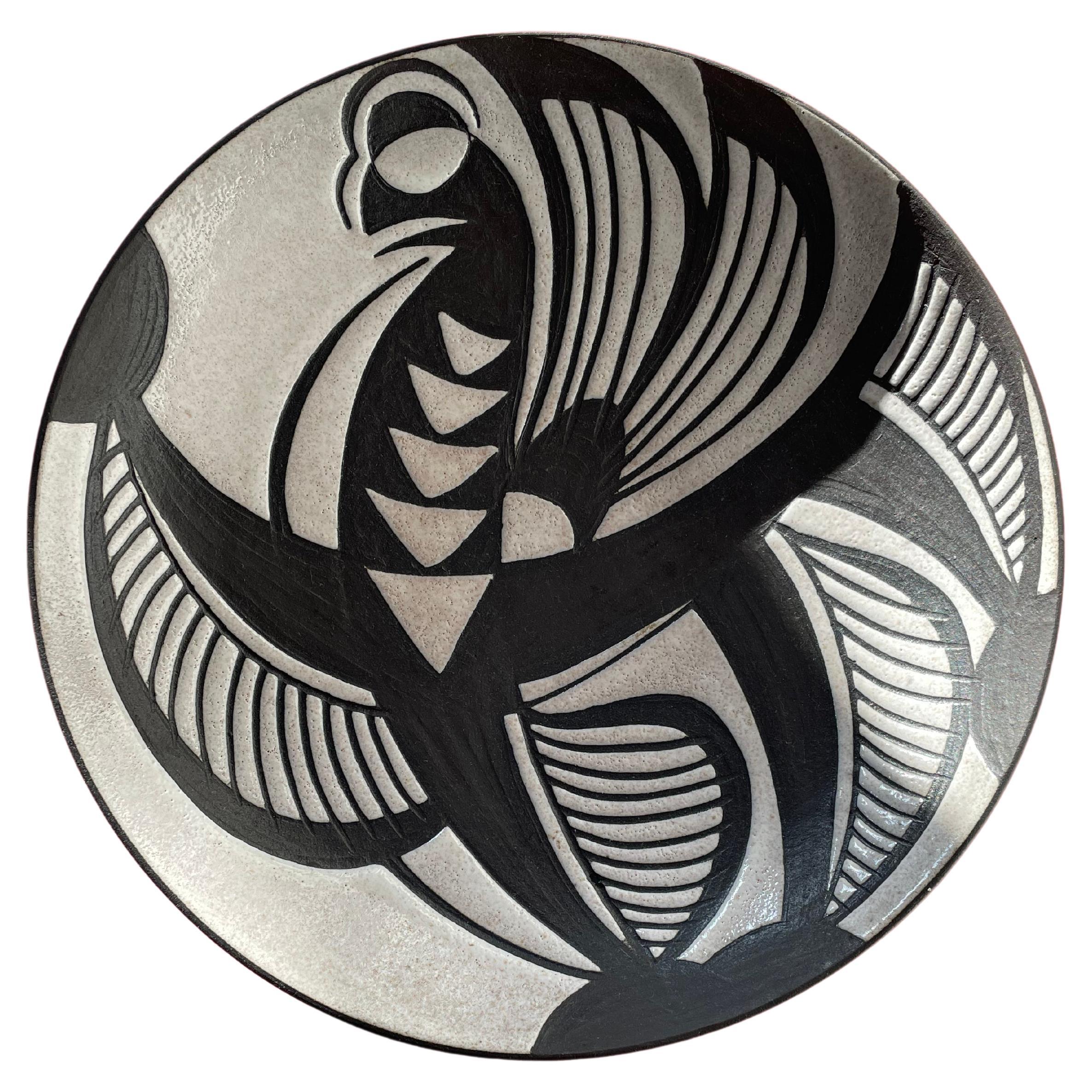 Danish Starck Tribal Large Ceramic Hand-carved Black and White Plate, 1950s
