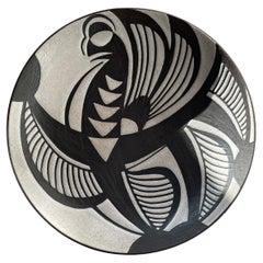Vintage Danish Starck Tribal Large Ceramic Hand-carved Black and White Plate, 1950s