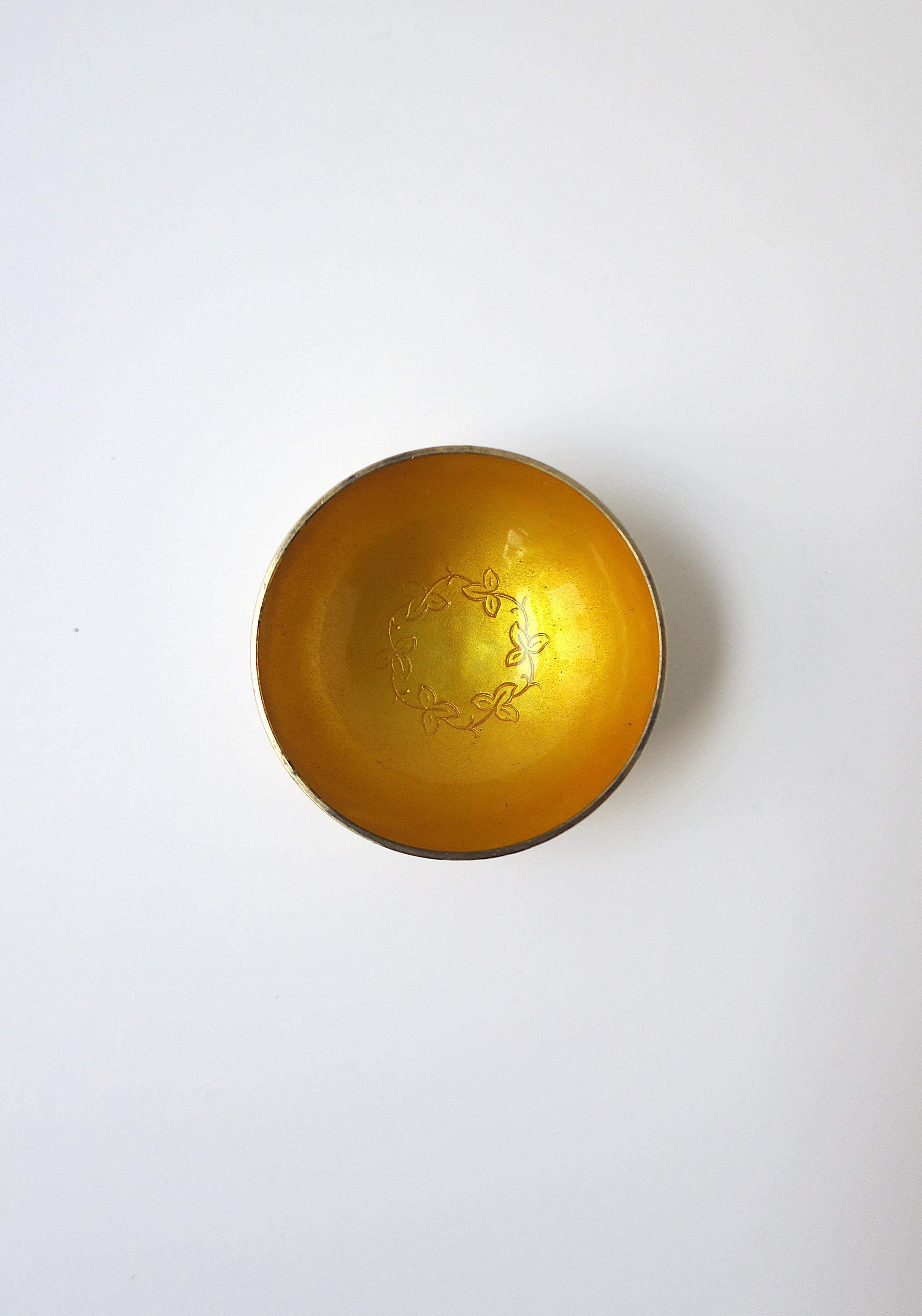 A Danish sterling silver and enamel footed small bowl with center leaf and vine design, Scandinavian Modern/Danish Modern design, circa mid-20th century, Denmark. Piece may have been a salt cellar; however, I am showing piece as a jewelry dish/dowl.