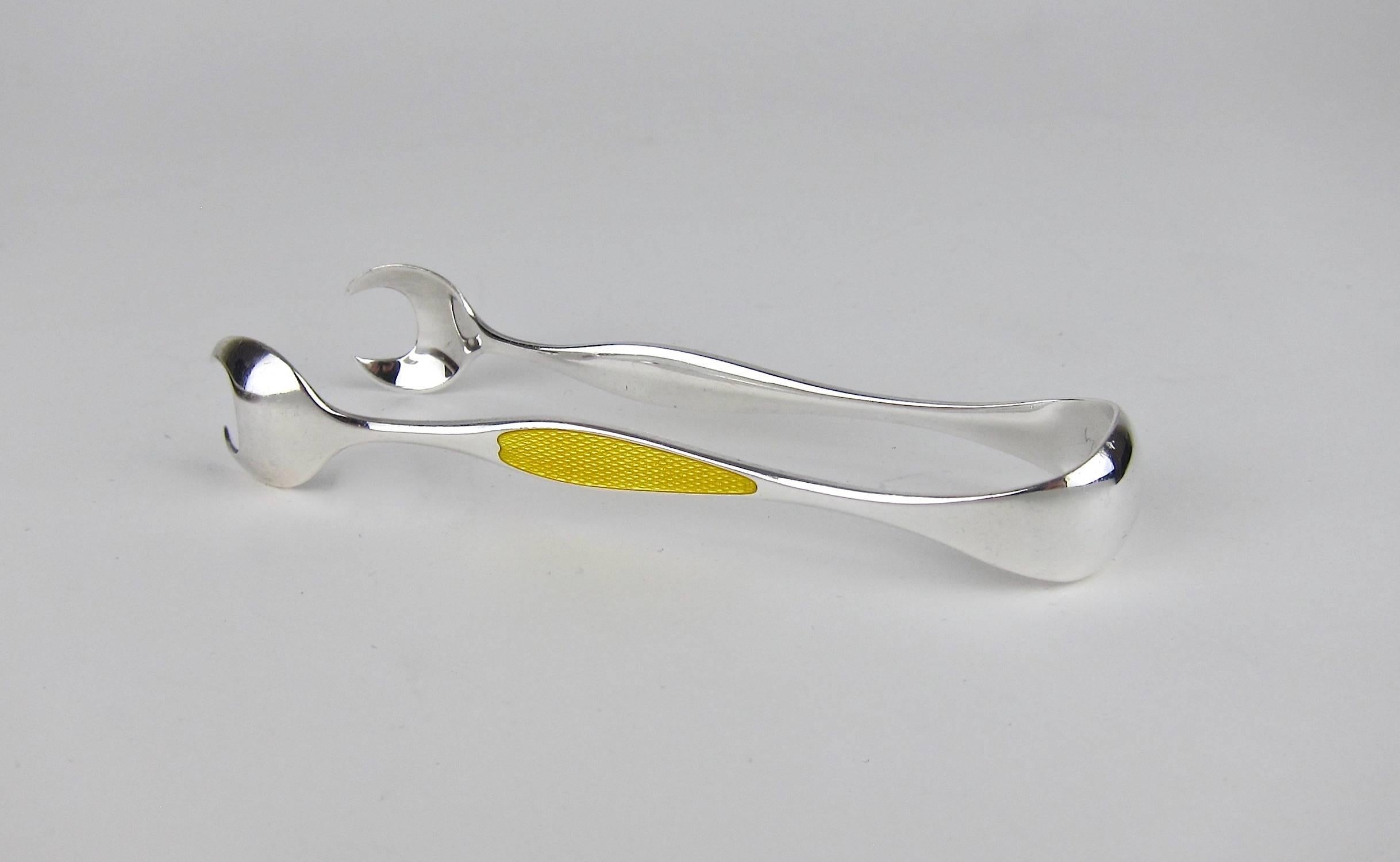 Mid-Century Modern Danish Sterling Silver and Guilloche Enamel Tongs by Frigast Silversmiths