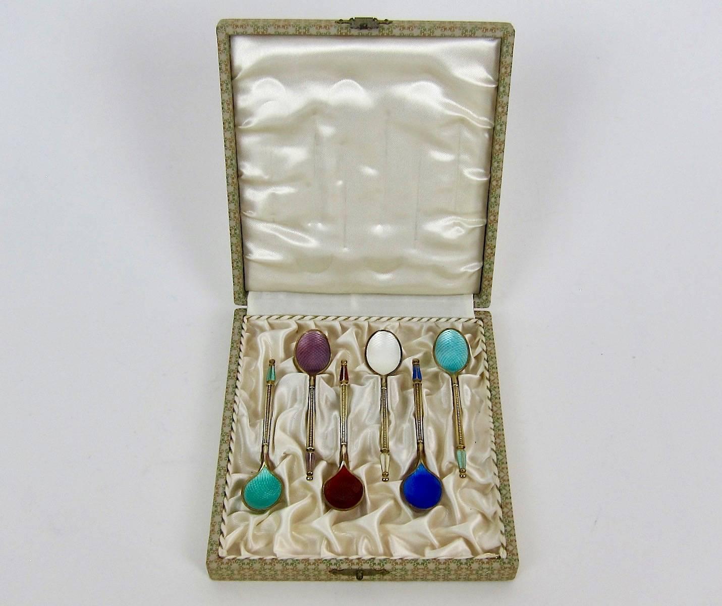 Danish Sterling Silver and Guilloche Enamel Demitasse Spoon Set by A. Michelsen In Good Condition In Los Angeles, CA