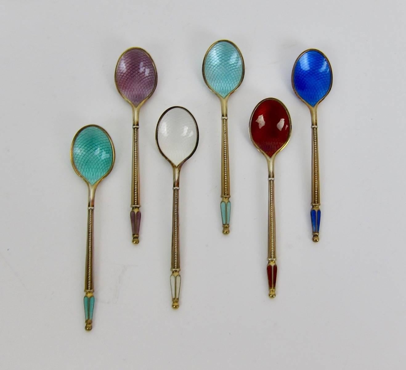 20th Century Danish Sterling Silver and Guilloche Enamel Demitasse Spoon Set by A. Michelsen