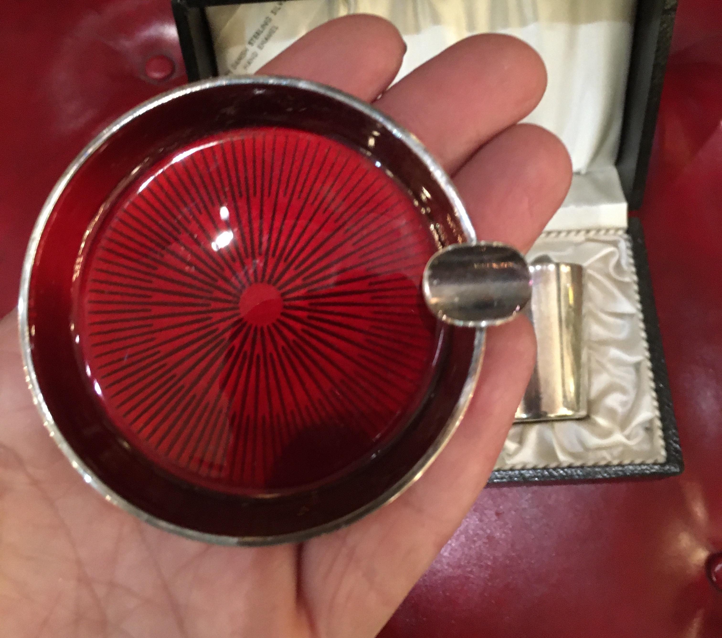 Sterling silver and hand enameled personal ash tray and shot glass in presentation box, mid-20th century, Denmark. Perfect gift for him or her.