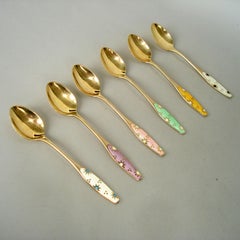 Danish Sterling Silver Spoons, Gilt, Polychrome Enamel, Set of Six, circa 1930