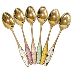 Cuillères danoises en argent, doré, émail polychrome, ensemble de six, vers 1930