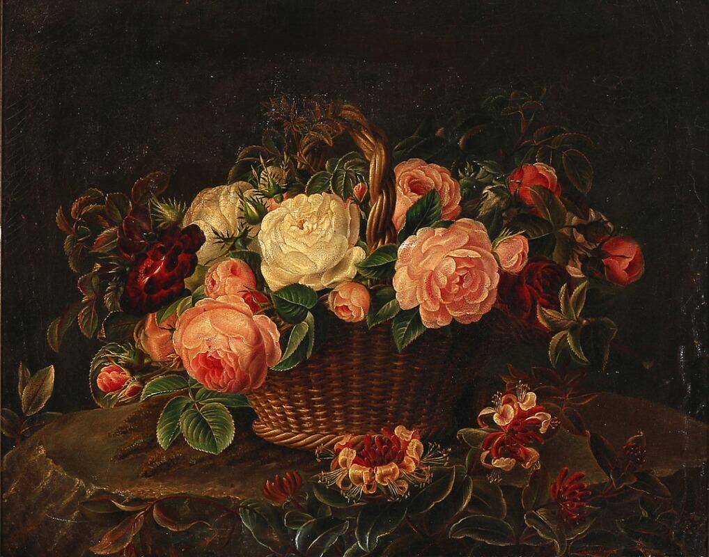 Danish still life of flower basket, School of I.L. Jensen signed and dated Thrine Hansen, oil on canvas. Note that dimensions include frame.