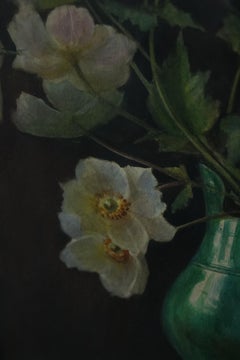 Danish still life of hellebores in a green vase, dated 1928.