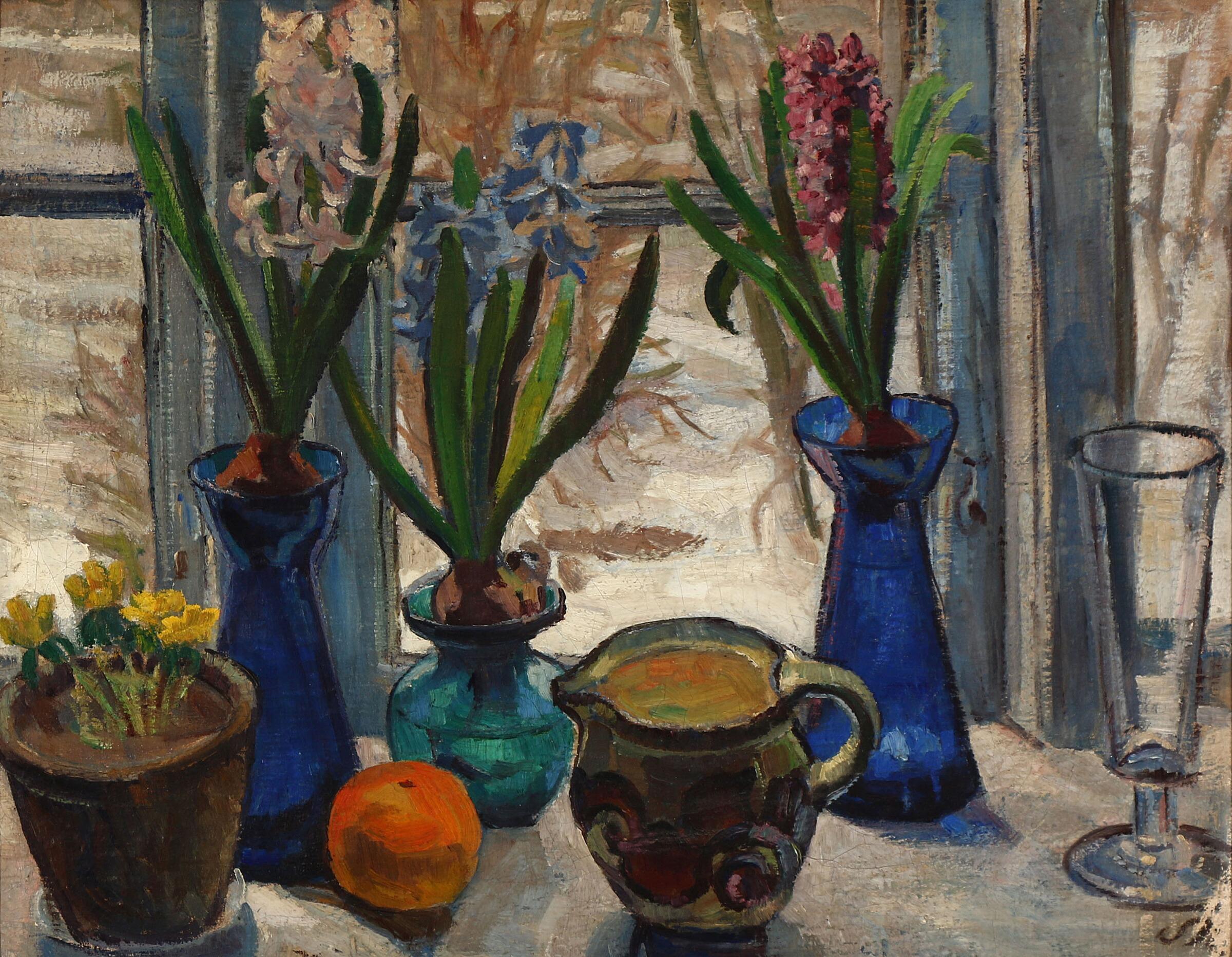 Colorful Danish still-life painting, a favorite subject of flowers on a window sill. Indistinctly signed.
Of the period of Danish modern. Oil on canvas.