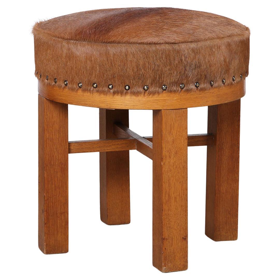 Sgabello danese in Wood e pelle di mucca, anni '40 in vendita