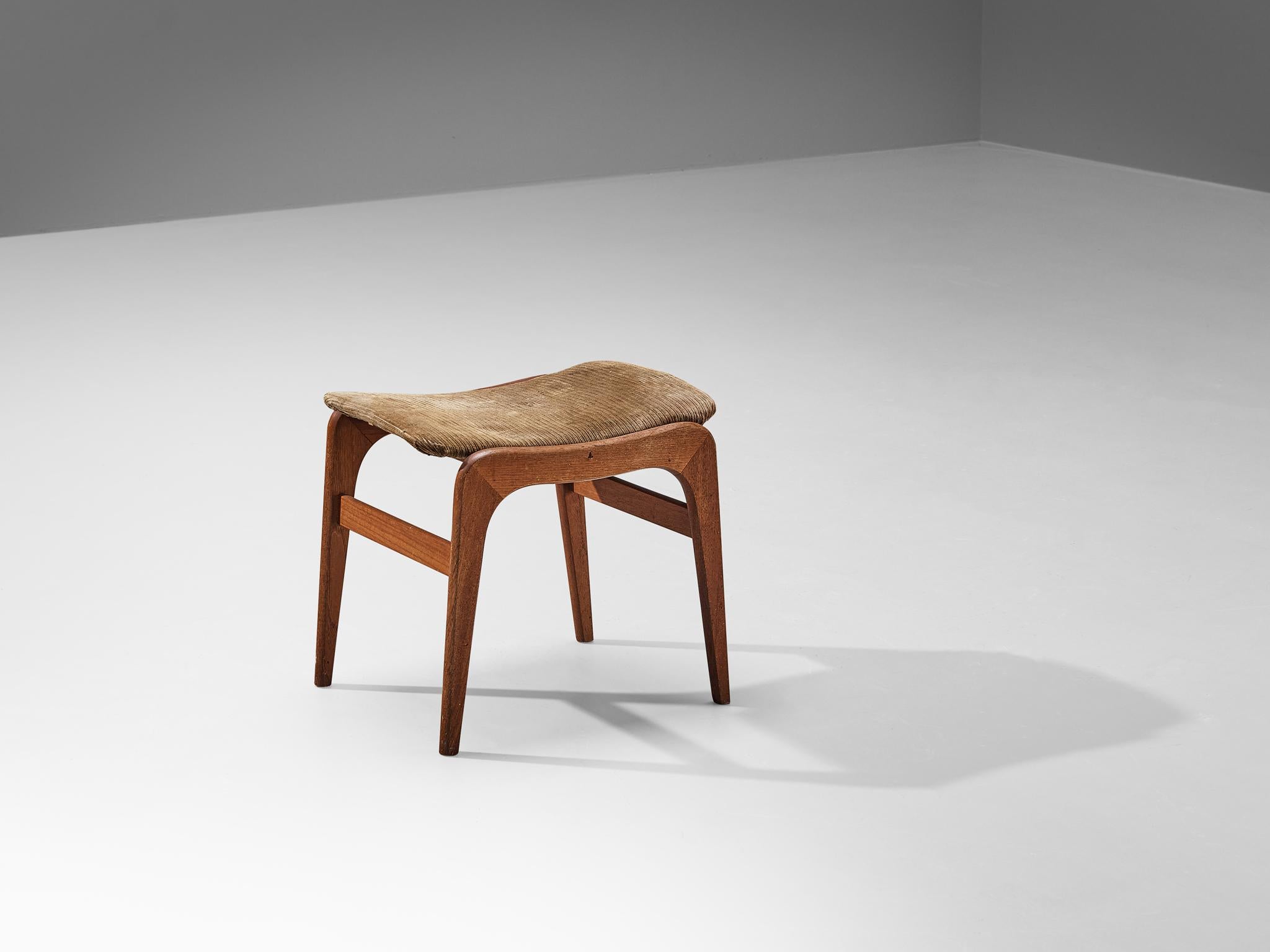 Stool or ottoman, teak, corduroy, Denmark, 1950s

This item is designed according to the Scandinavian Modern design principles: simple in line, implementation of fine materials, and practical to use. The teak framework and seat feature subtle curved