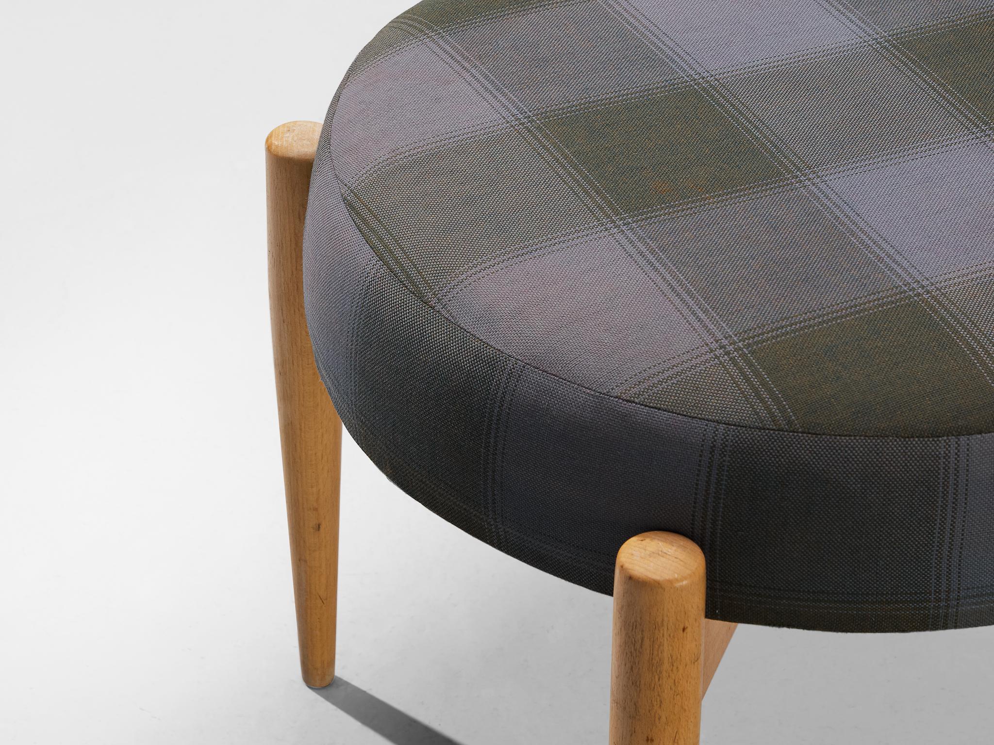 Scandinavian Modern Danish Stool with Blond Wooden Frame and Checkered Upholstery For Sale