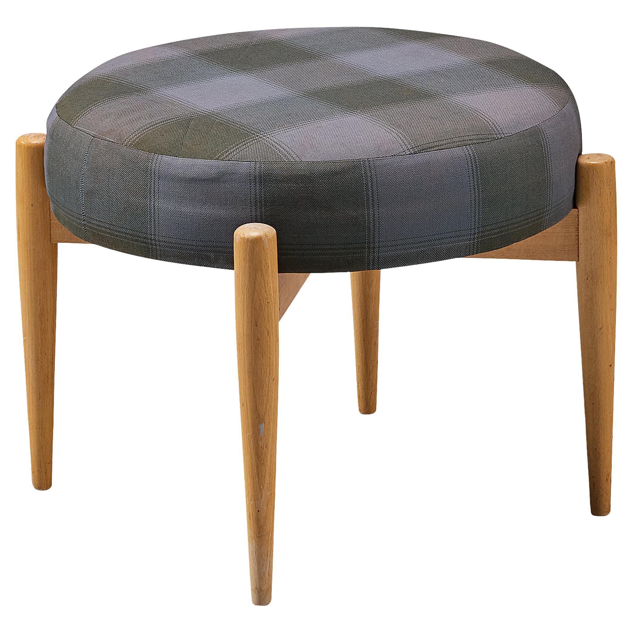 Danish Stool with Blond Wooden Frame and Checkered Upholstery For Sale
