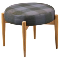 Used Danish Stool with Blond Wooden Frame and Checkered Upholstery
