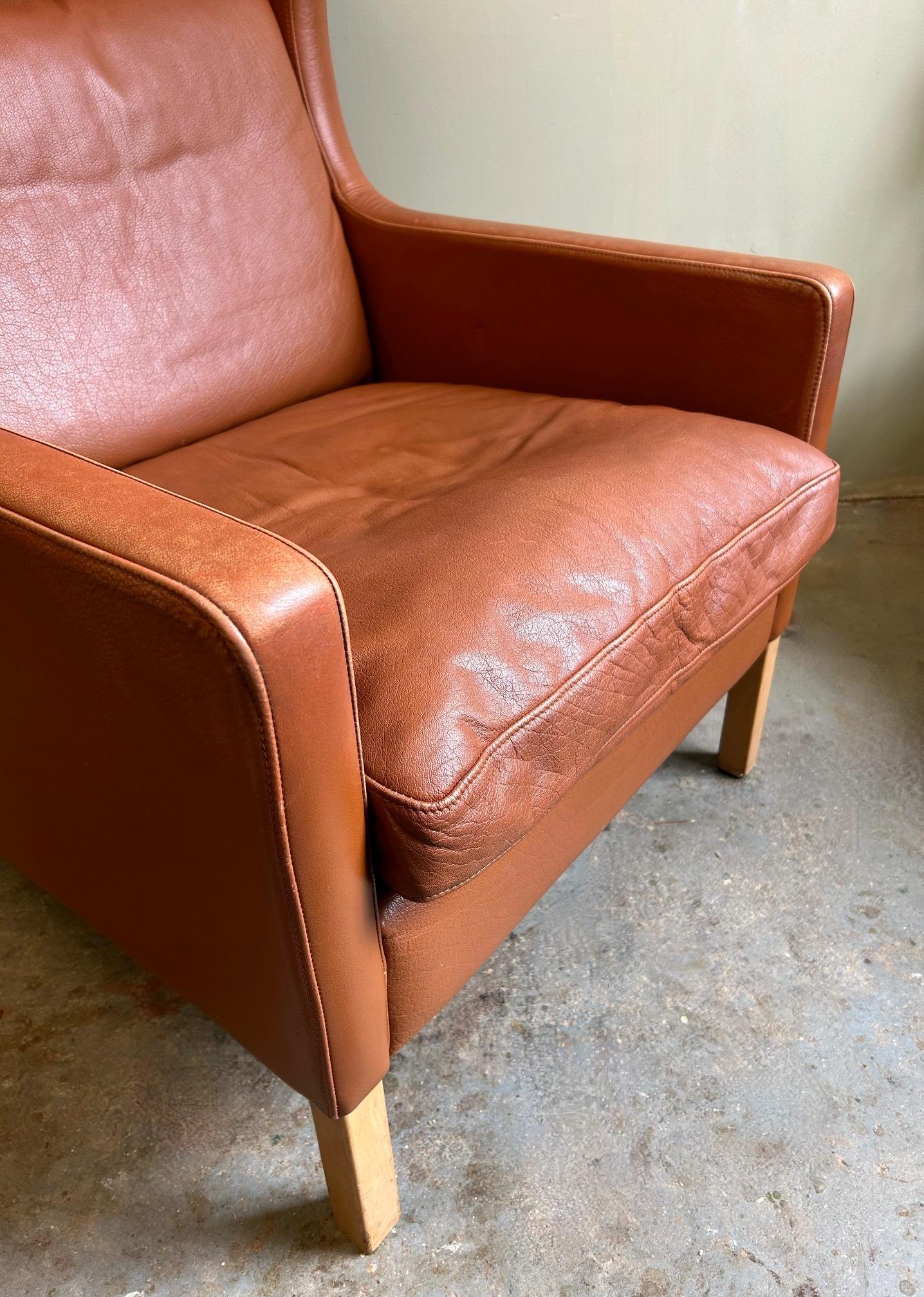 Danish Stouby Tan Leather Highback Armchair Mid Century Chair 1970s For Sale 9
