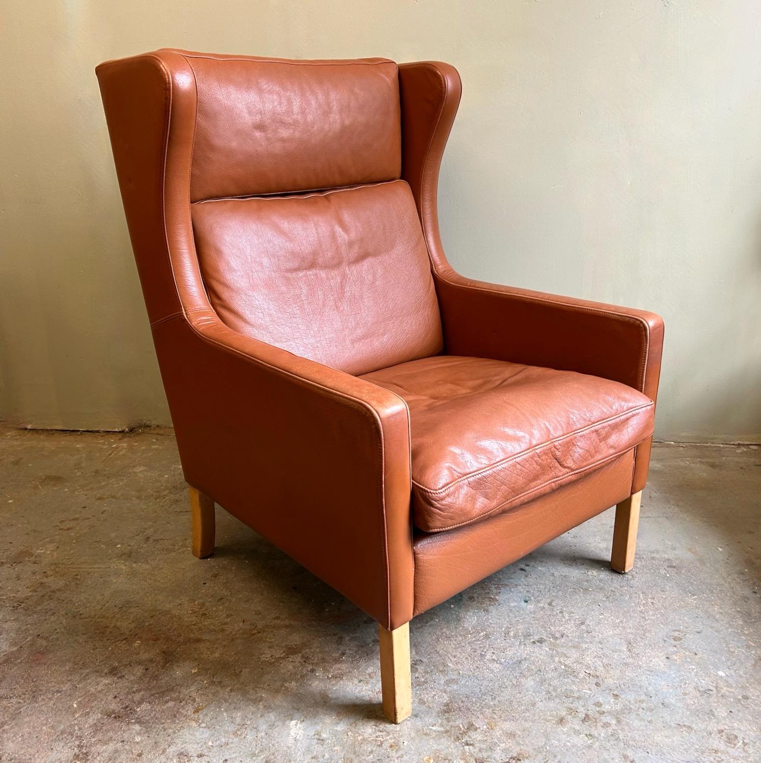 Danish Stouby Tan Leather Highback Armchair Mid Century Chair 1970s For Sale 10