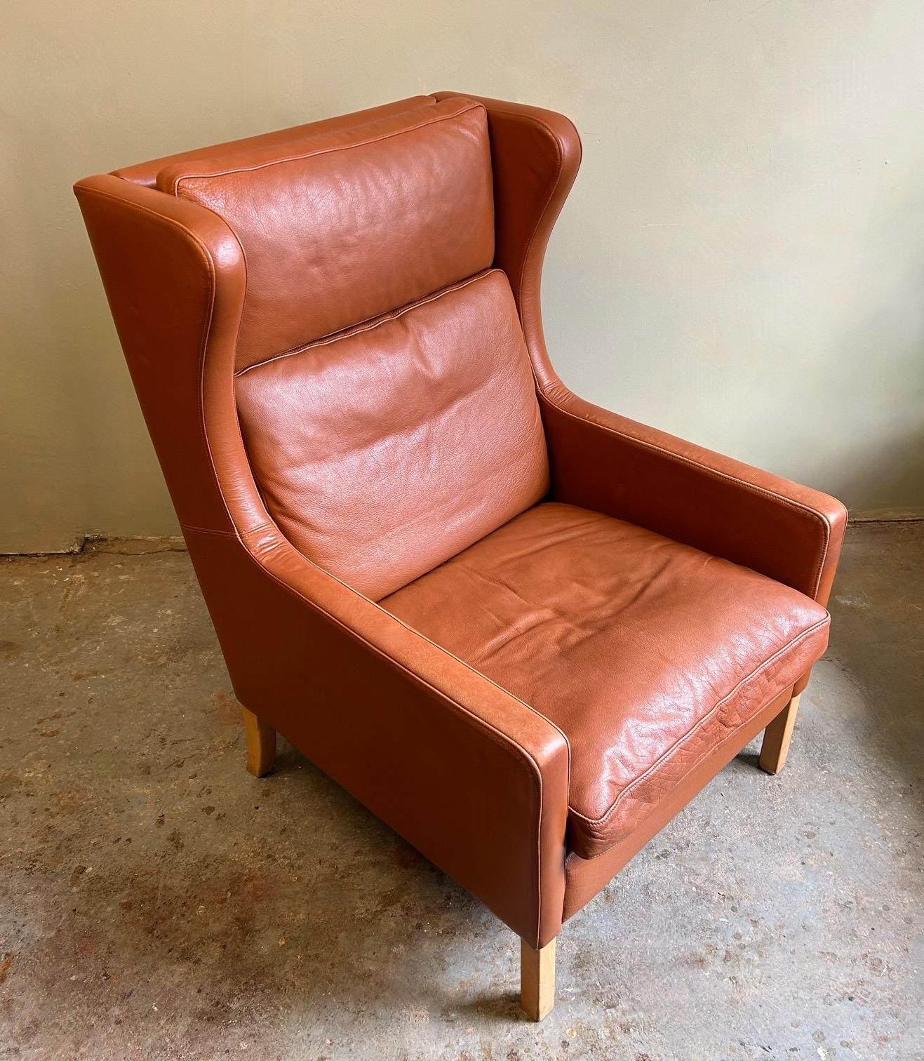 Danish Stouby Tan Leather Highback Armchair Mid Century Chair 1970s For Sale 11