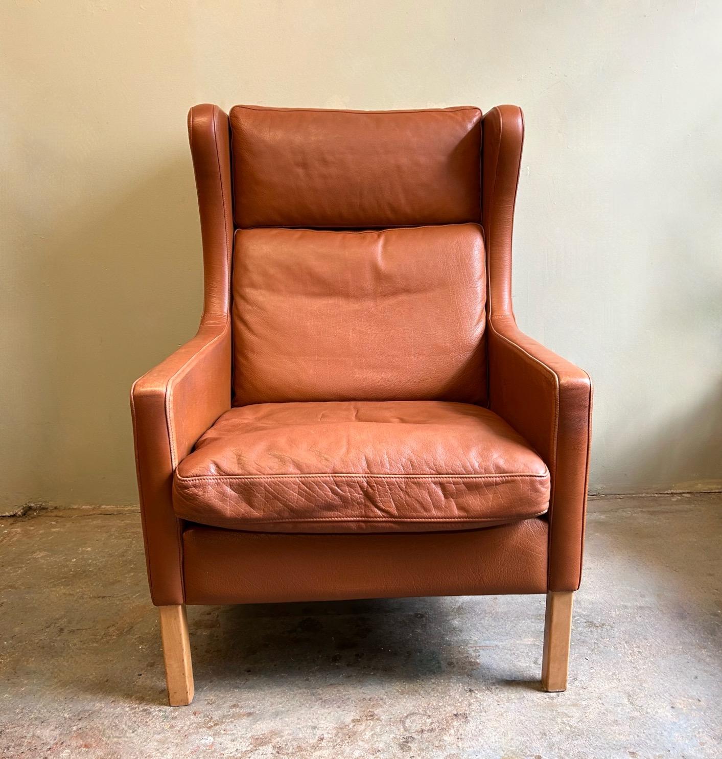 Danish Stouby Tan Leather Highback Armchair Mid Century Chair 1970s For Sale 14