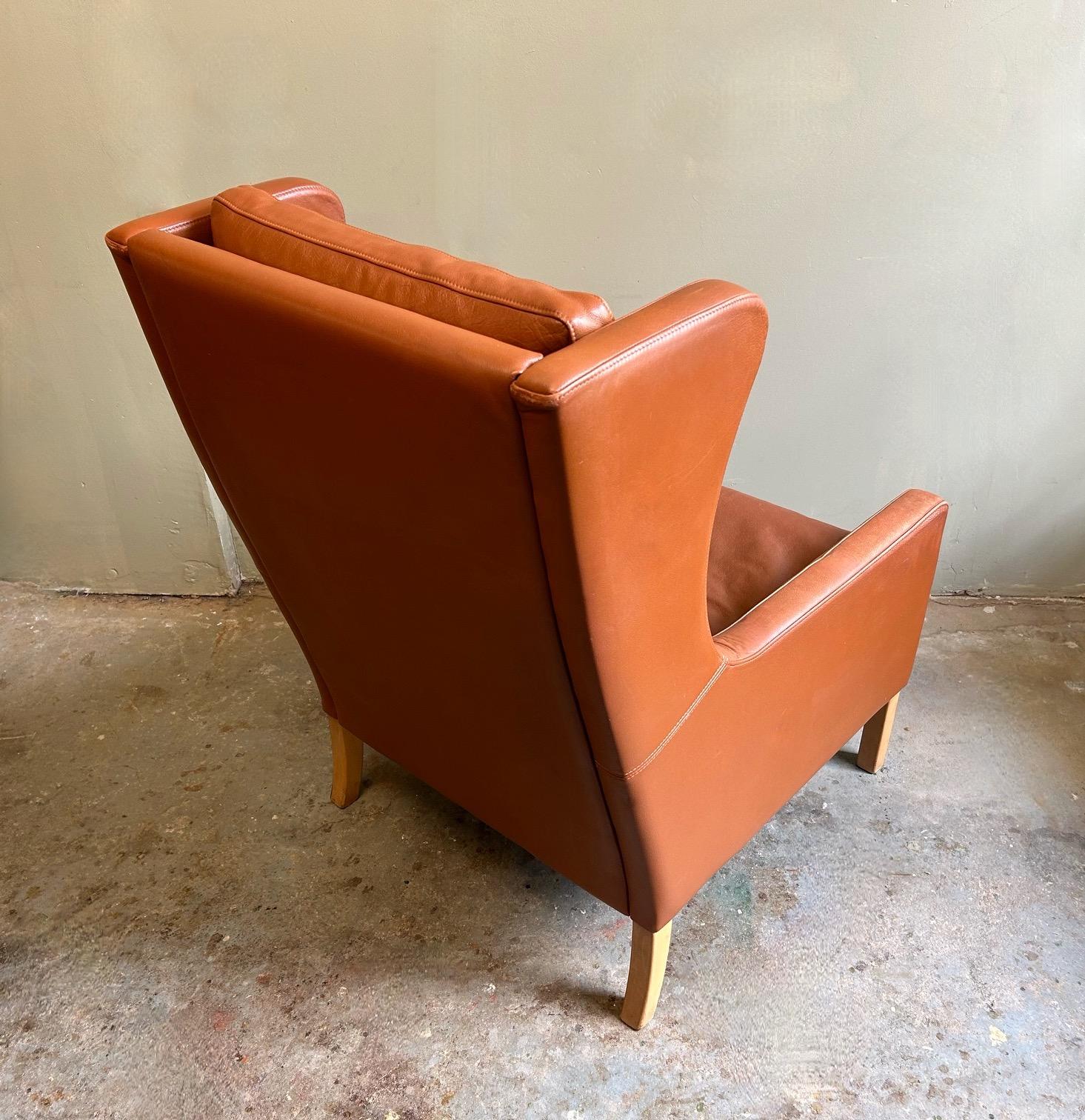 Mid-Century Modern Danish Stouby Tan Leather Highback Armchair Mid Century Chair 1970s For Sale
