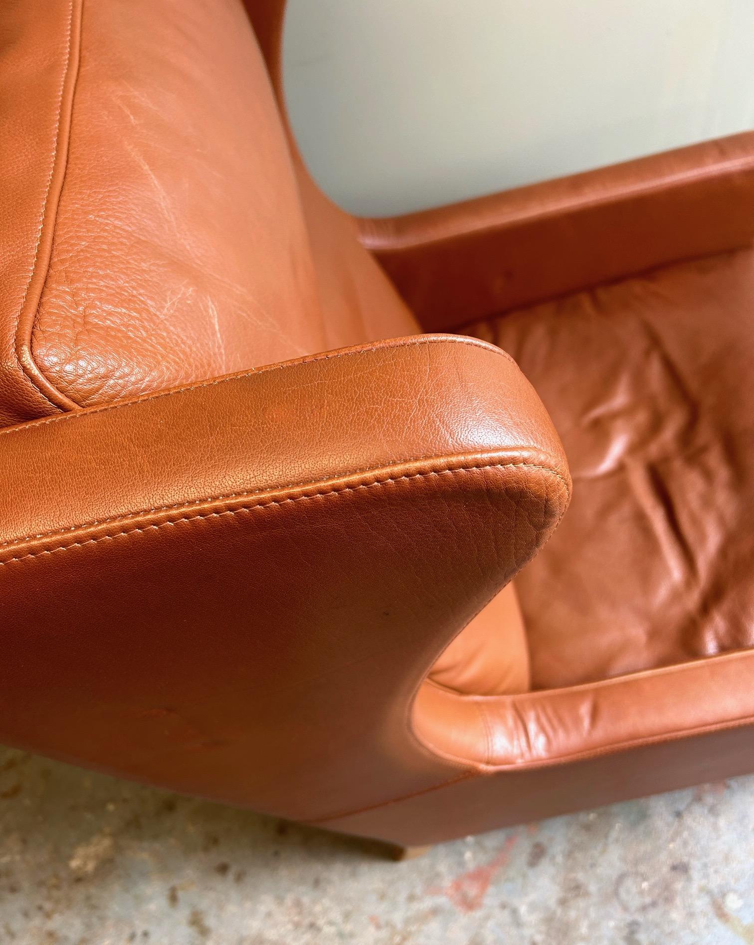 Danish Stouby Tan Leather Highback Armchair Mid Century Chair 1970s In Good Condition For Sale In London, GB