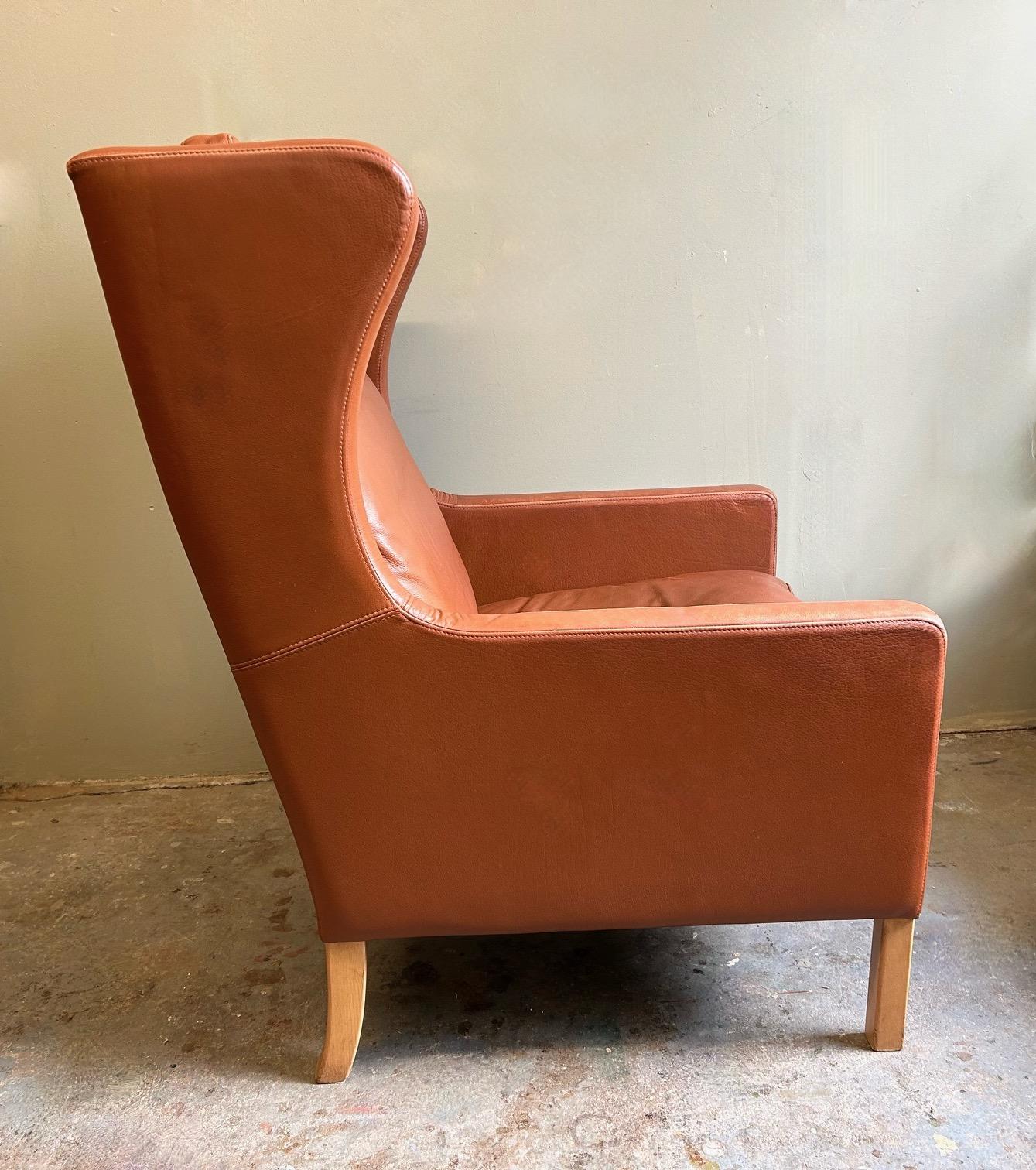 20th Century Danish Stouby Tan Leather Highback Armchair Mid Century Chair 1970s For Sale