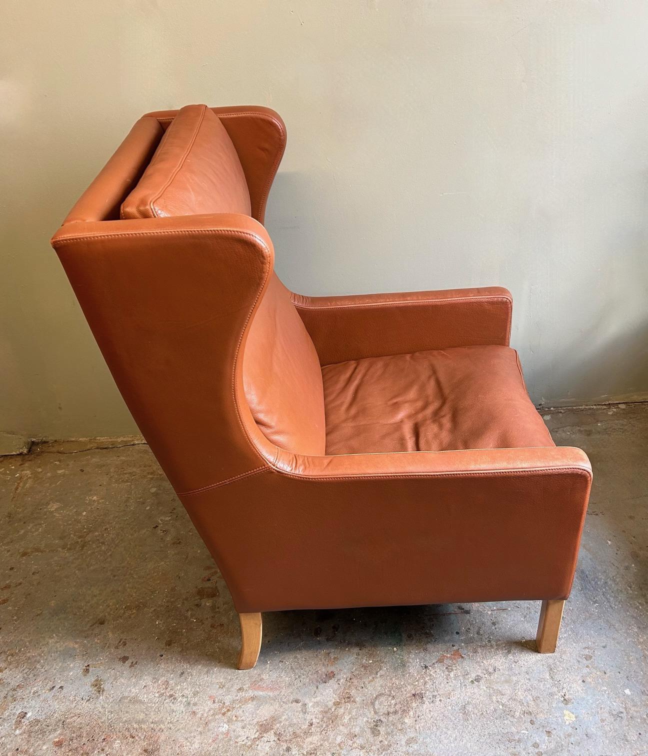 Danish Stouby Tan Leather Highback Armchair Mid Century Chair 1970s For Sale 1