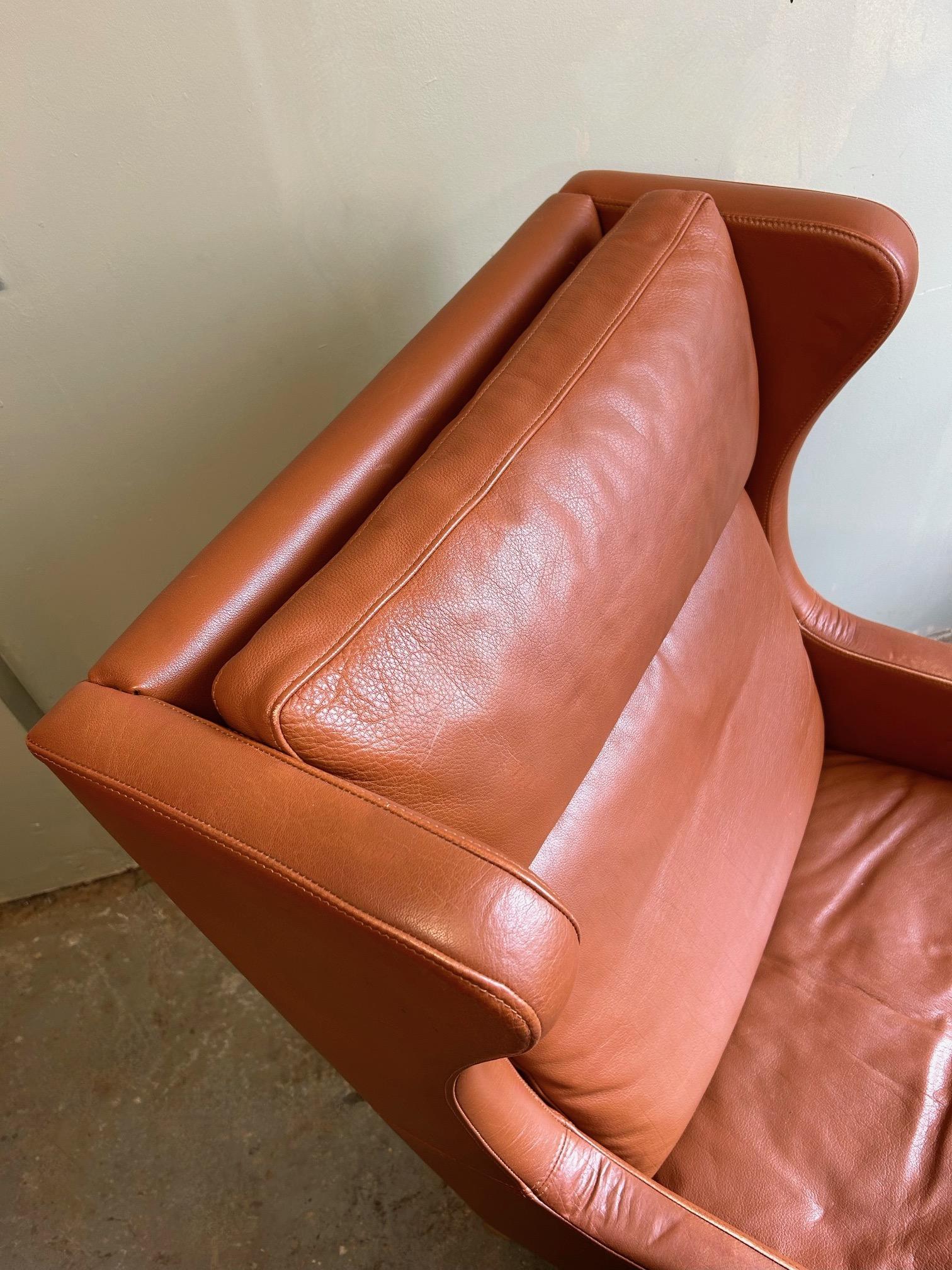 Danish Stouby Tan Leather Highback Armchair Mid Century Chair 1970s For Sale 2
