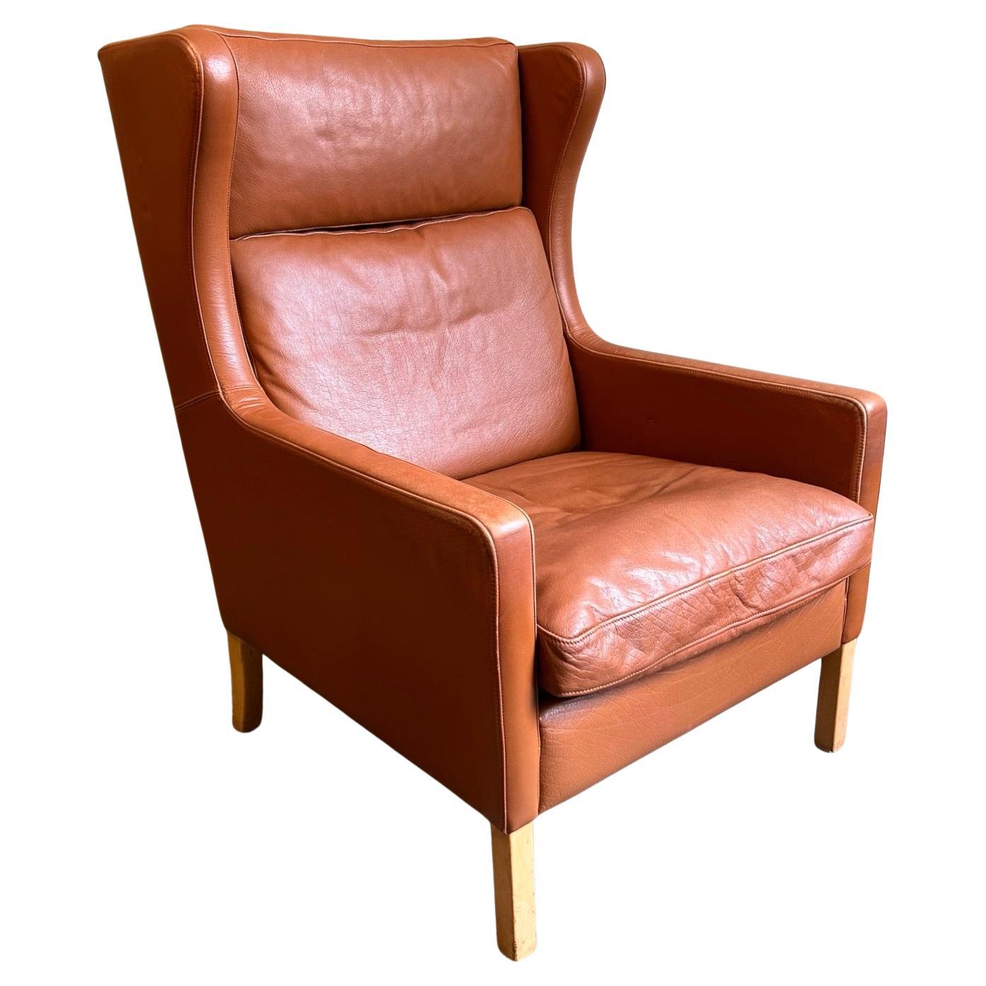Danish Stouby Tan Leather Highback Armchair Mid Century Chair 1970s For Sale