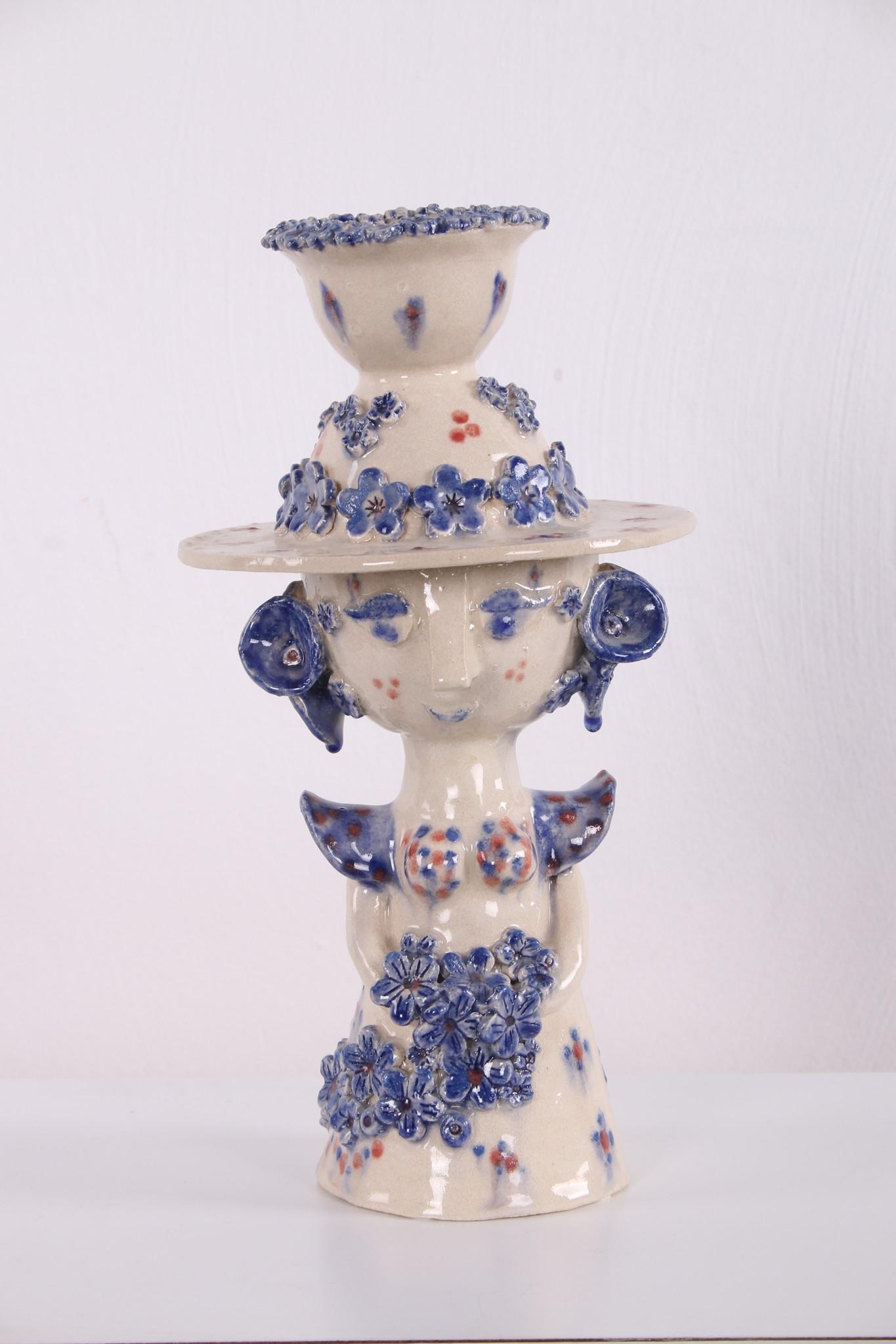 Danish Studio Ceramic Woman Figure with Bowl and Hat in the style Bjron Wiimblad For Sale 7