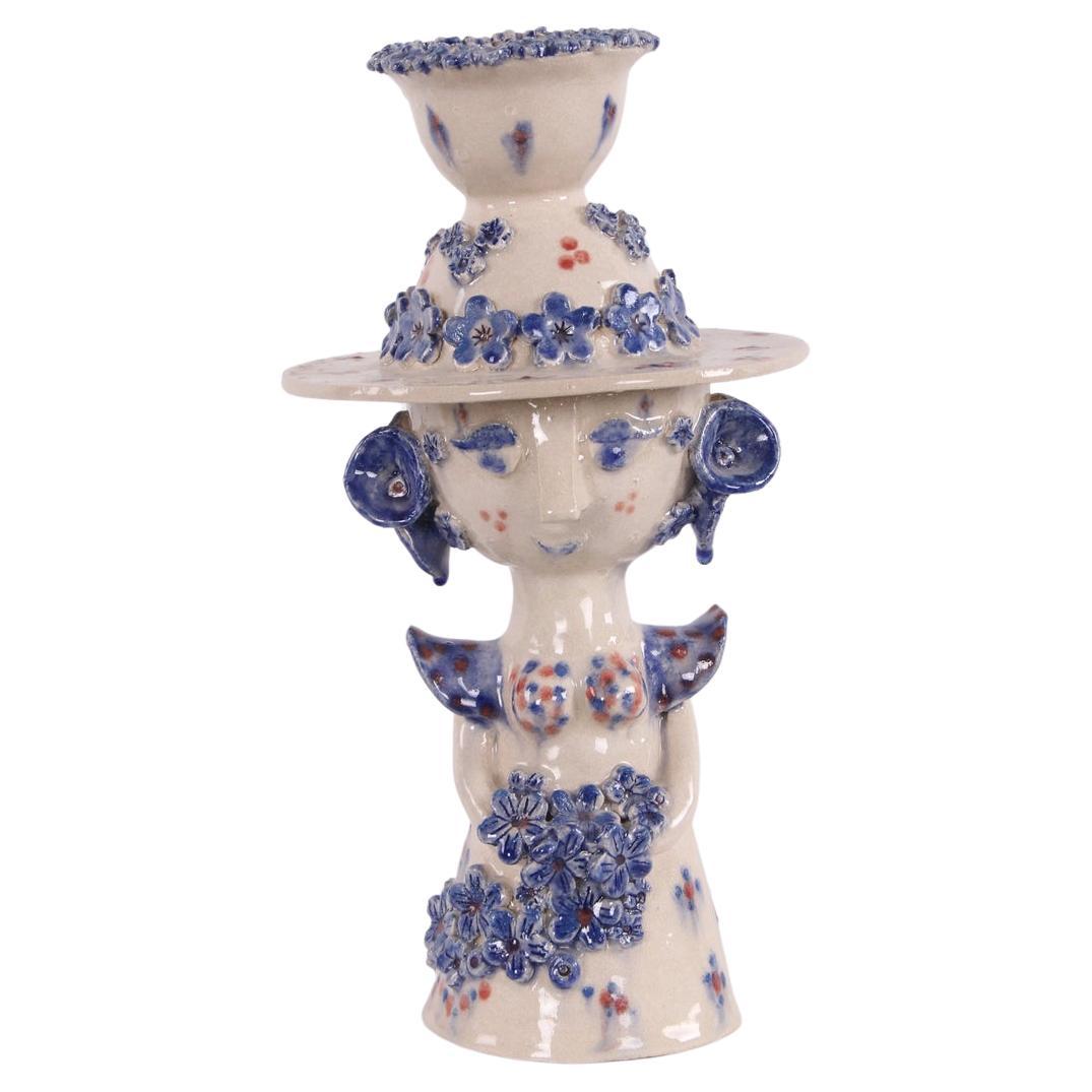 Danish Studio Ceramic Woman Figure with Bowl and Hat in the style Bjron Wiimblad For Sale