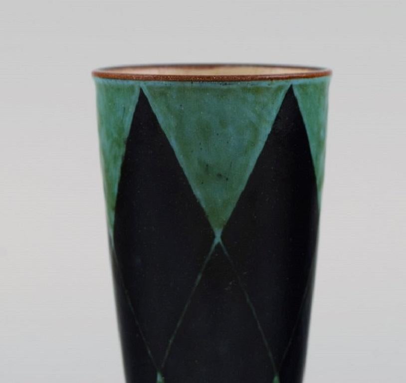 Danish Studio Ceramicist, Unique Vase in Glazed Stoneware, Checkered Pattern In Excellent Condition For Sale In Copenhagen, DK