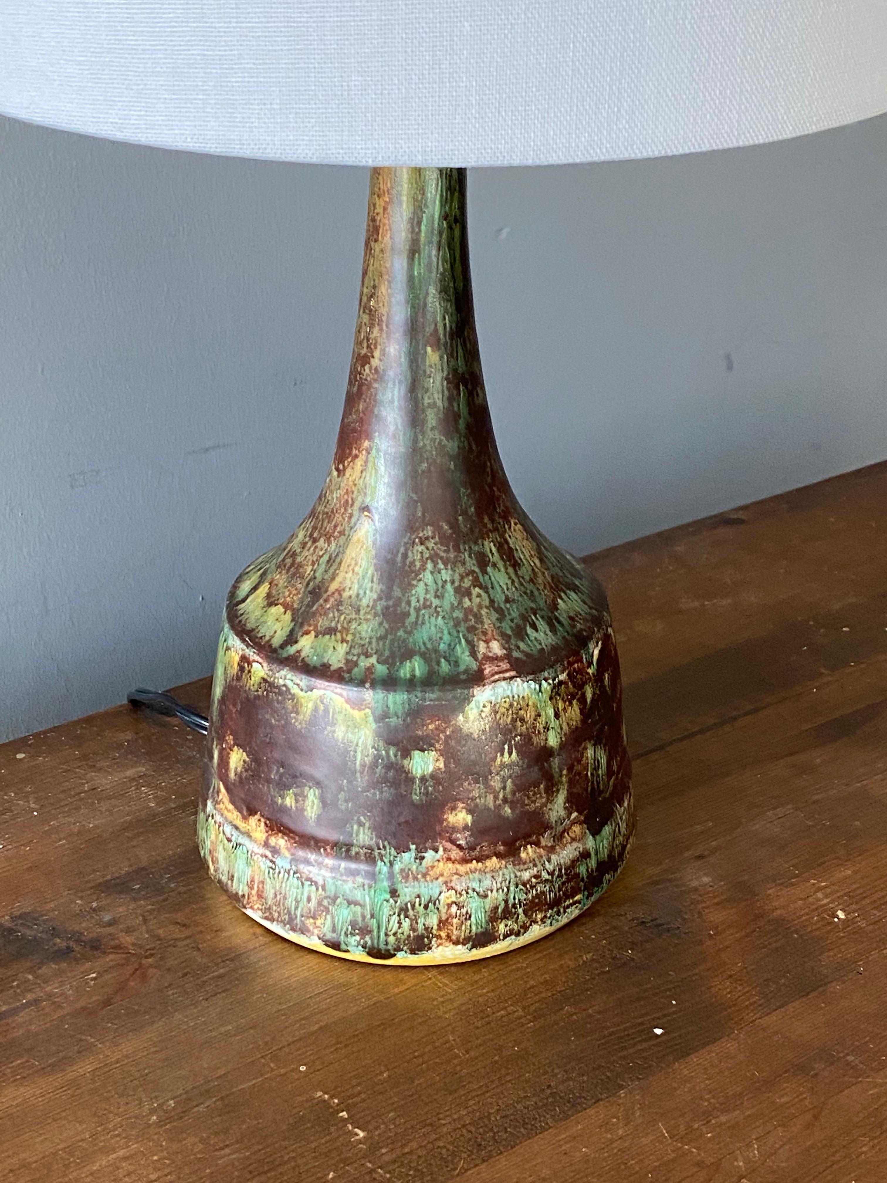 Mid-Century Modern Danish Studio Potter, Table Lamp, Brown-Green Glazed Stoneware, Denmark, 1960s