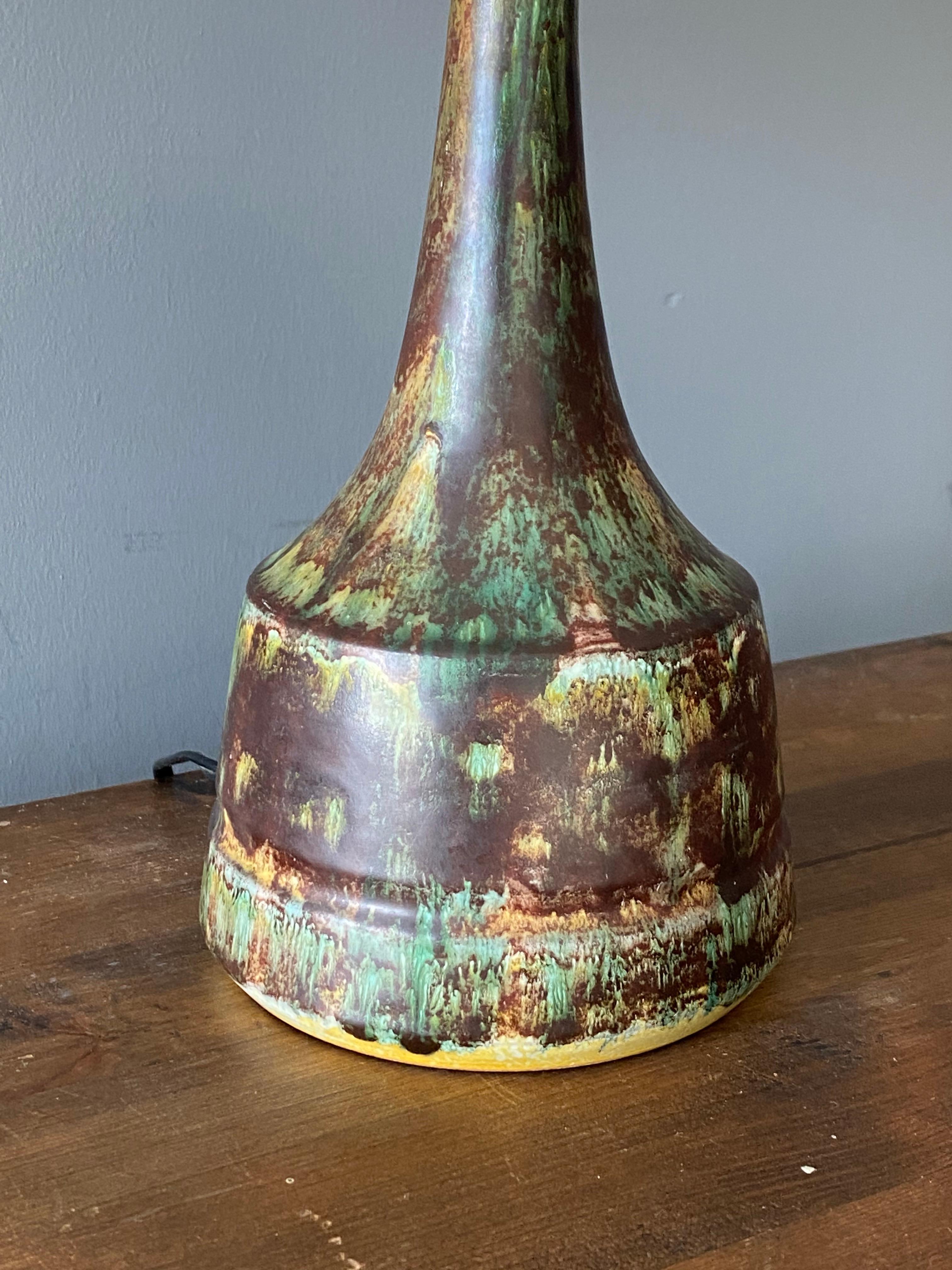 Danish Studio Potter, Table Lamp, Brown-Green Glazed Stoneware, Denmark, 1960s In Good Condition In High Point, NC