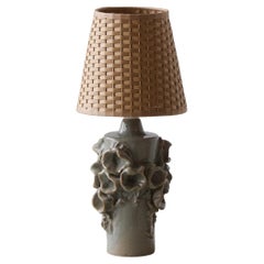 Danish Studio Potter, Table Lamp, Glazed Stoneware, Denmark, Rattan, 1960s