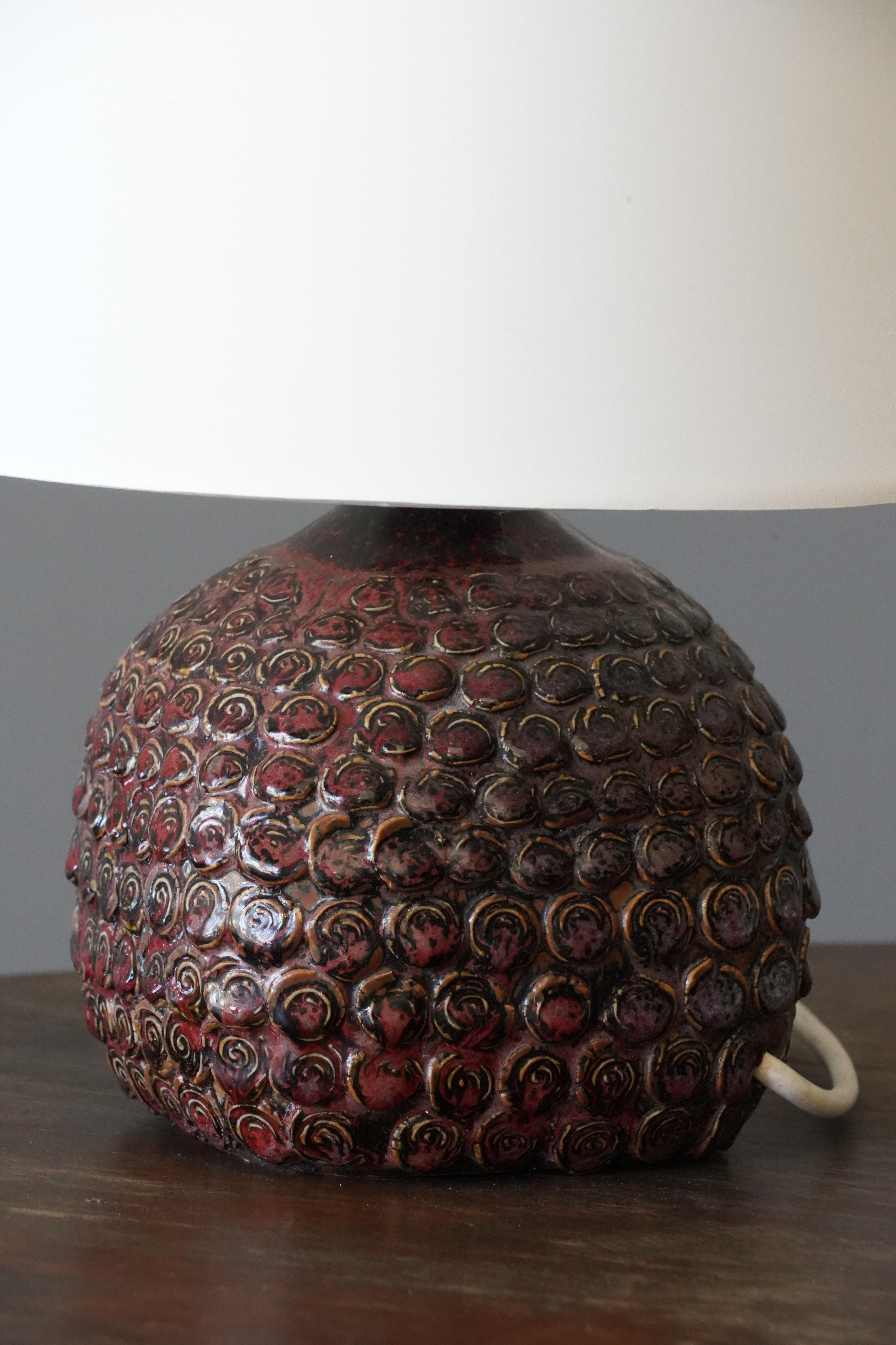 Scandinavian Modern Danish Studio Potter, Table Lamp, Brown-Red Stoneware, Denmark, c. 1960s