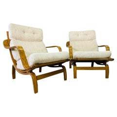 Danish Style Bent Oak Wood Lounge Chairs, Pair